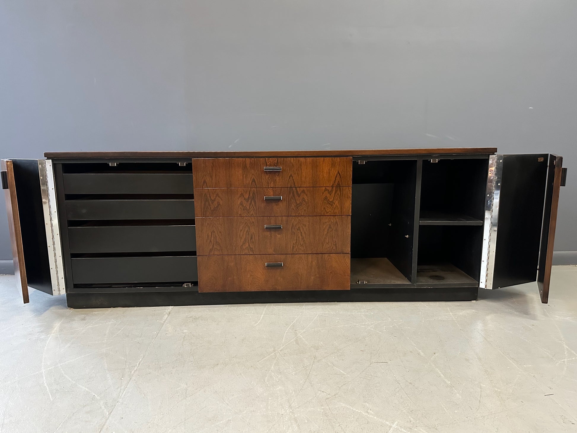 Mid Century Modern Founders Rosewood Credenza with Storage Drawers and Shelves – Vintage Sideboard for Office or Living Room