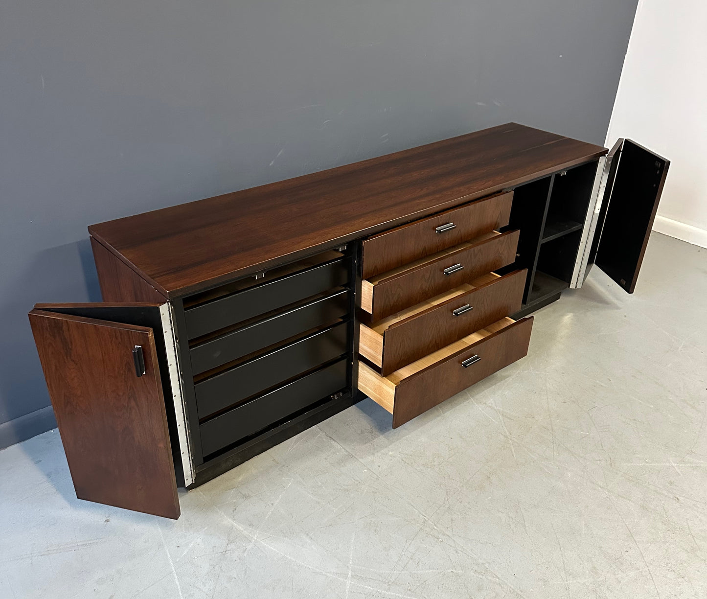 Mid Century Modern Founders Rosewood Credenza with Storage Drawers and Shelves – Vintage Sideboard for Office or Living Room