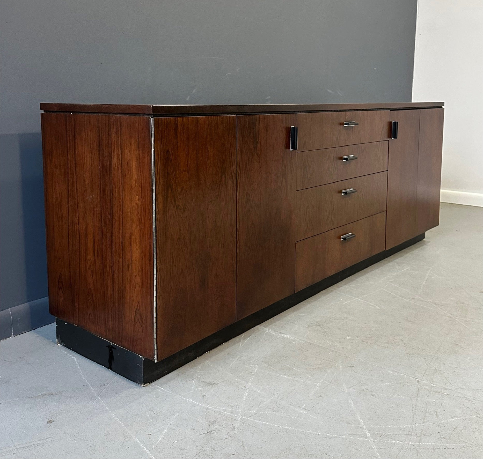 Mid Century Modern Founders Rosewood Credenza with Storage Drawers and Shelves – Vintage Sideboard for Office or Living Room