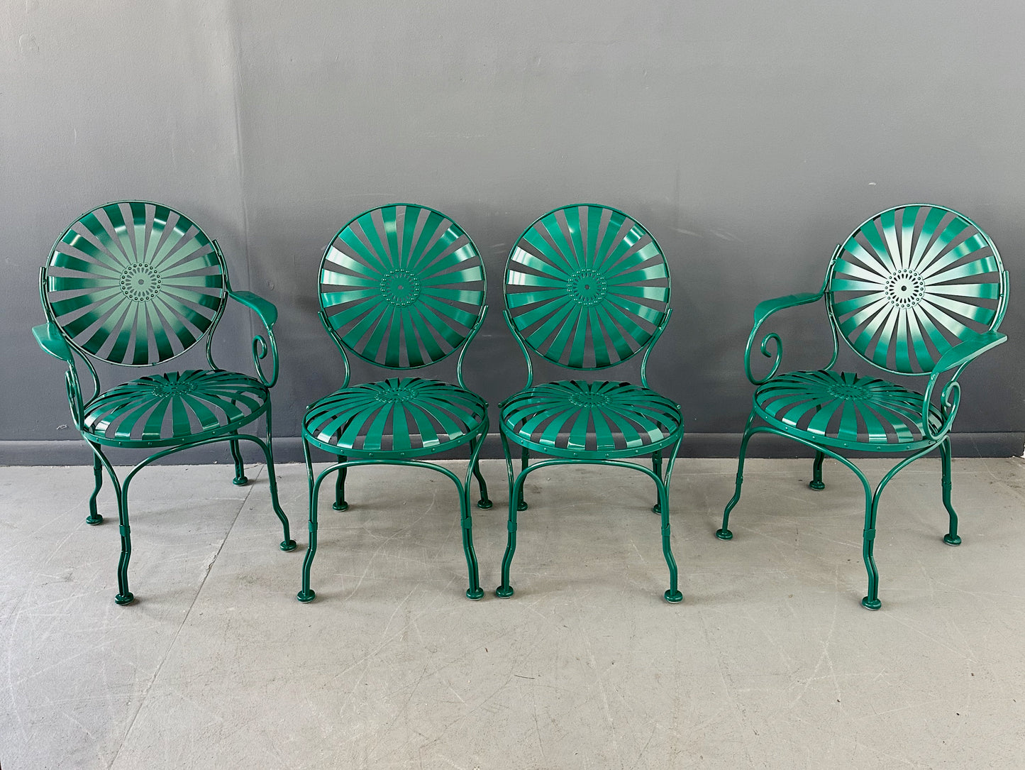 SOLD – Set of Six 1940s Iron & Steel Garden Patio Bistro Cafe Chairs by Francois Carré