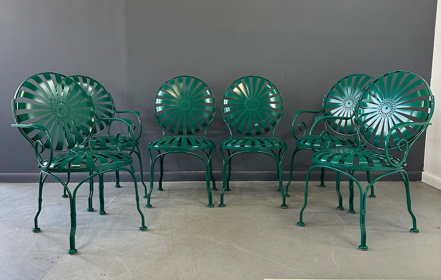 SOLD – Set of Six 1940s Iron & Steel Garden Patio Bistro Cafe Chairs by Francois Carré