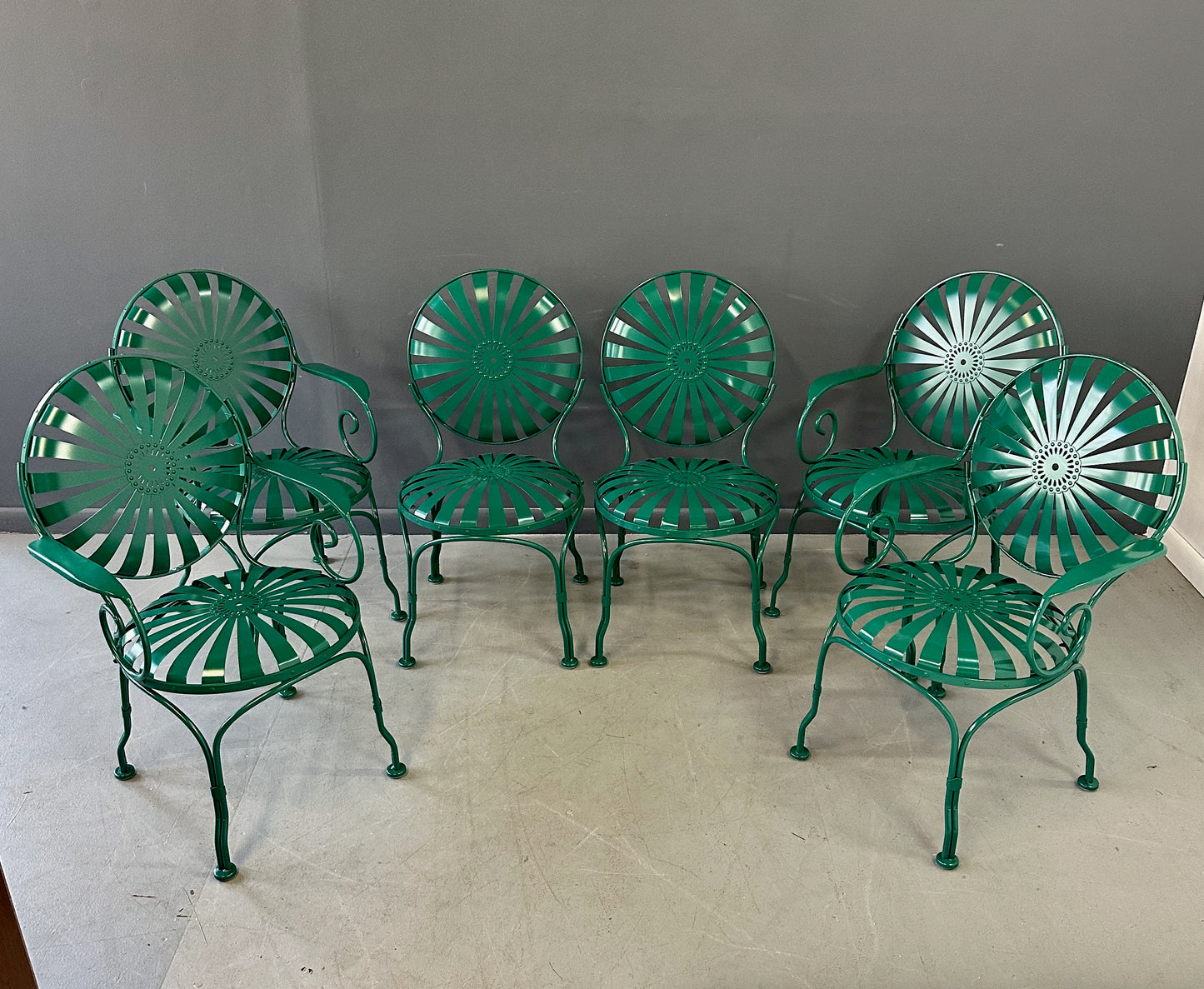SOLD – Set of Six 1940s Iron & Steel Garden Patio Bistro Cafe Chairs by Francois Carré