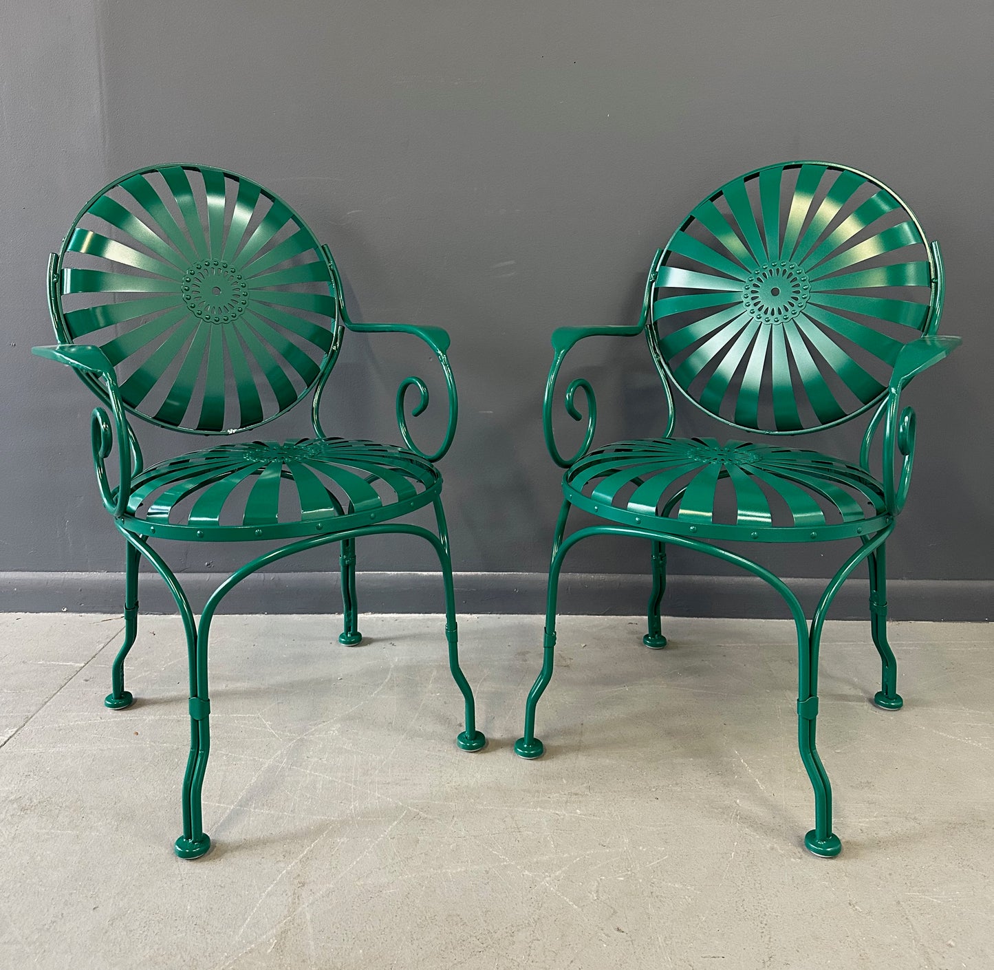 SOLD – Set of Six 1940s Iron & Steel Garden Patio Bistro Cafe Chairs by Francois Carré