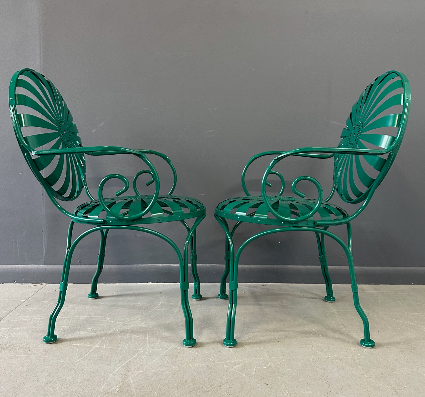 SOLD – Set of Six 1940s Iron & Steel Garden Patio Bistro Cafe Chairs by Francois Carré