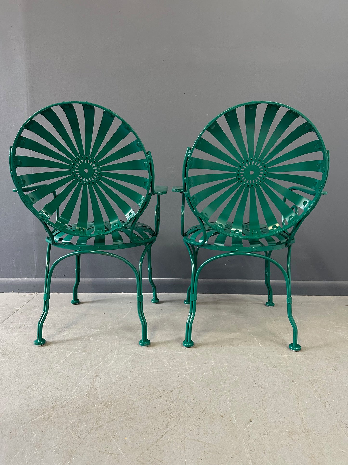 SOLD – Set of Six 1940s Iron & Steel Garden Patio Bistro Cafe Chairs by Francois Carré