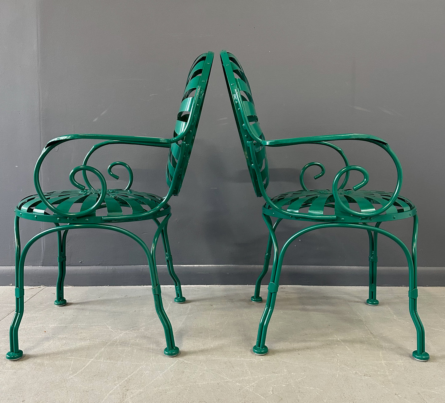 SOLD – Set of Six 1940s Iron & Steel Garden Patio Bistro Cafe Chairs by Francois Carré