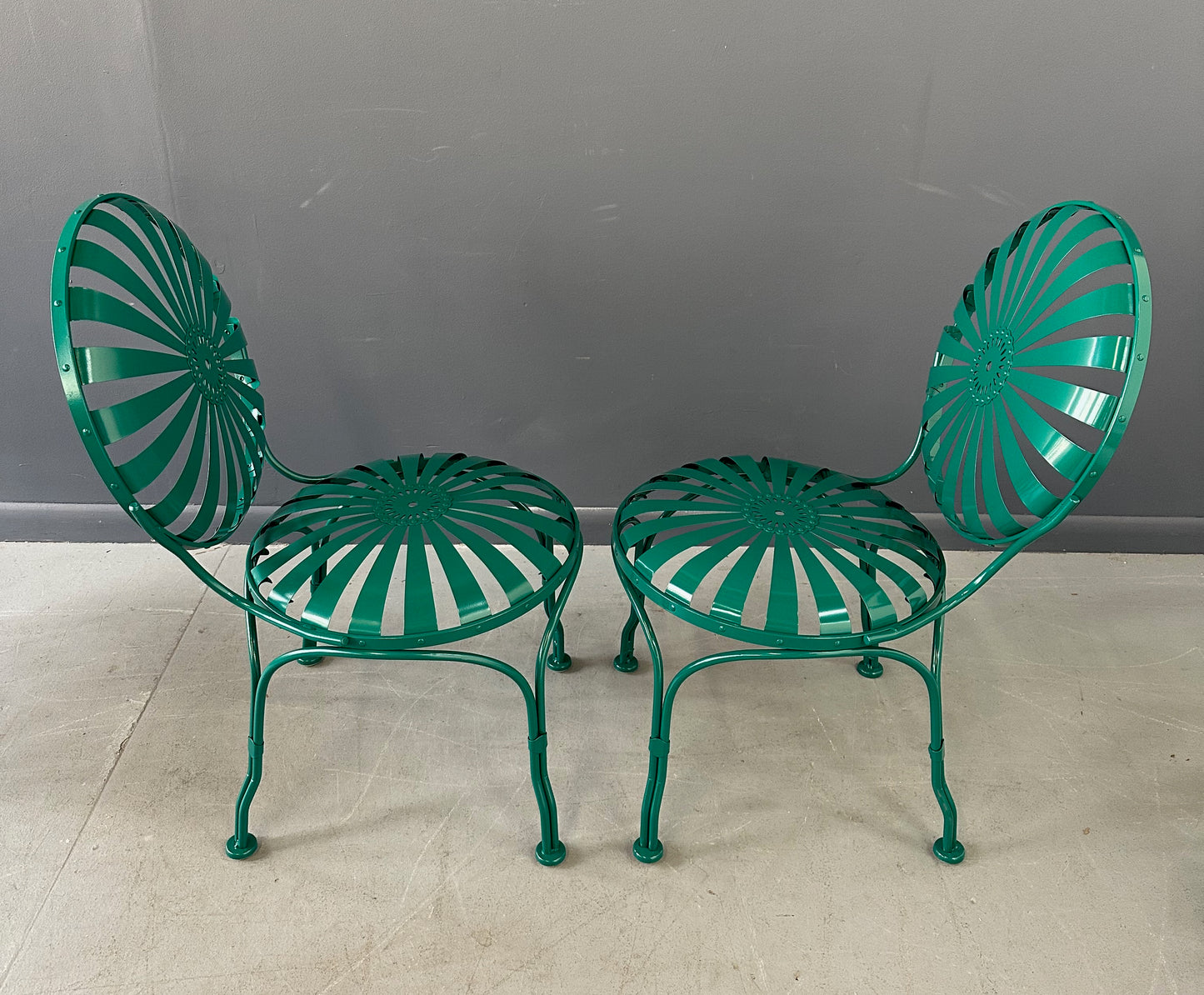 SOLD – Set of Six 1940s Iron & Steel Garden Patio Bistro Cafe Chairs by Francois Carré