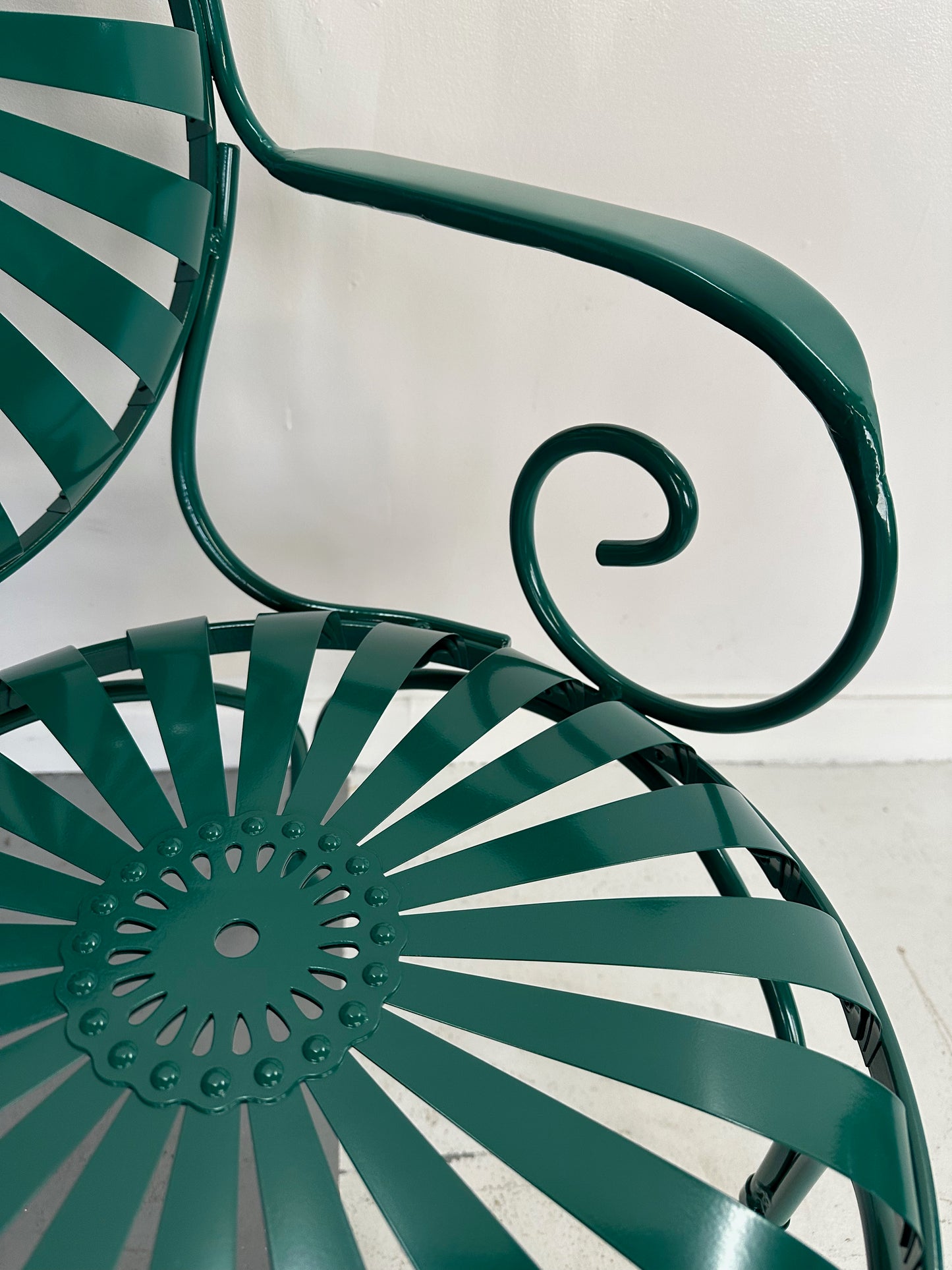 SOLD – Set of Six 1940s Iron & Steel Garden Patio Bistro Cafe Chairs by Francois Carré