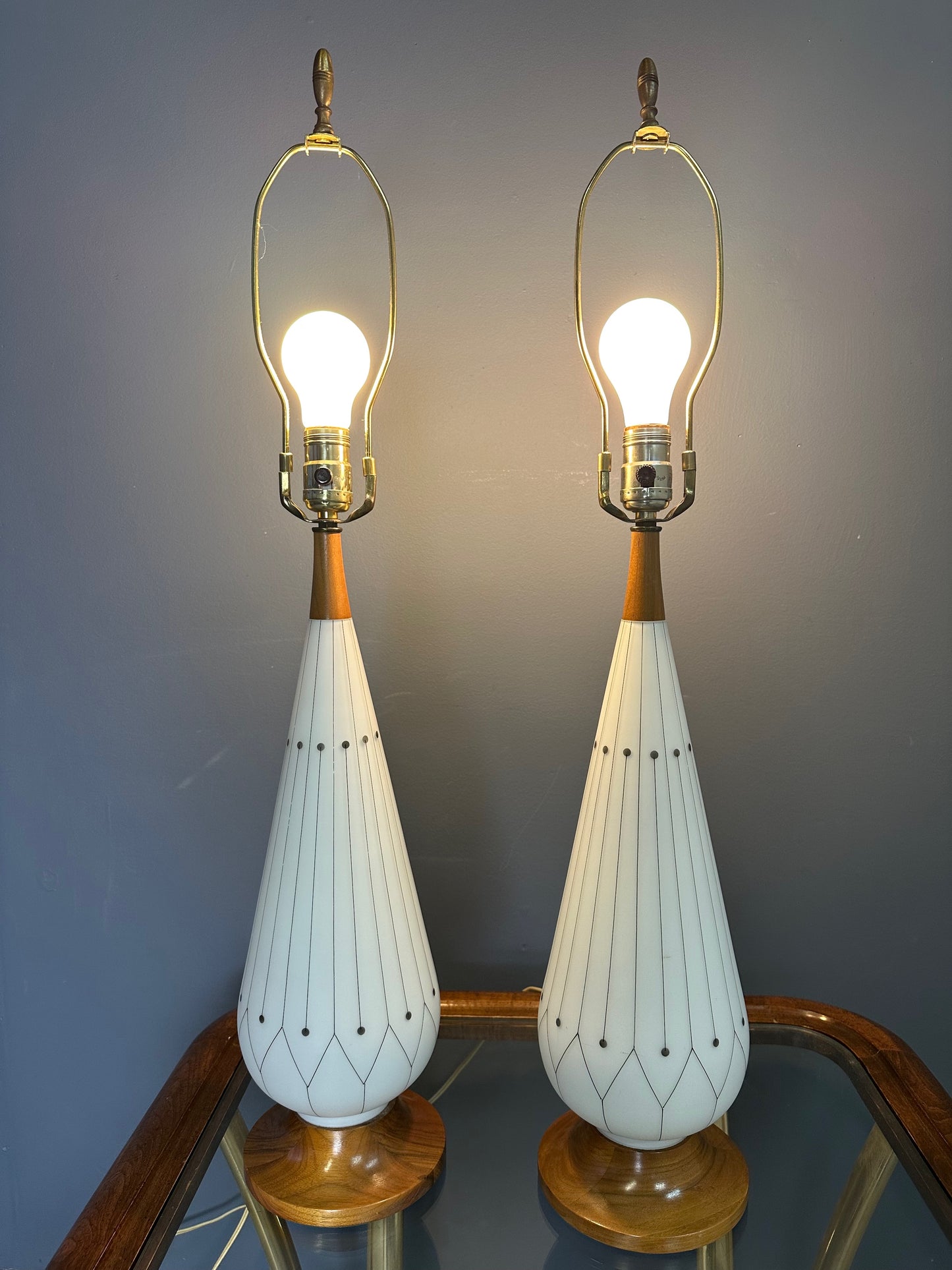 SOLD – Mid-Century Danish Modern Glass & Walnut Table Lamps with a Geometric Design - Set of 2