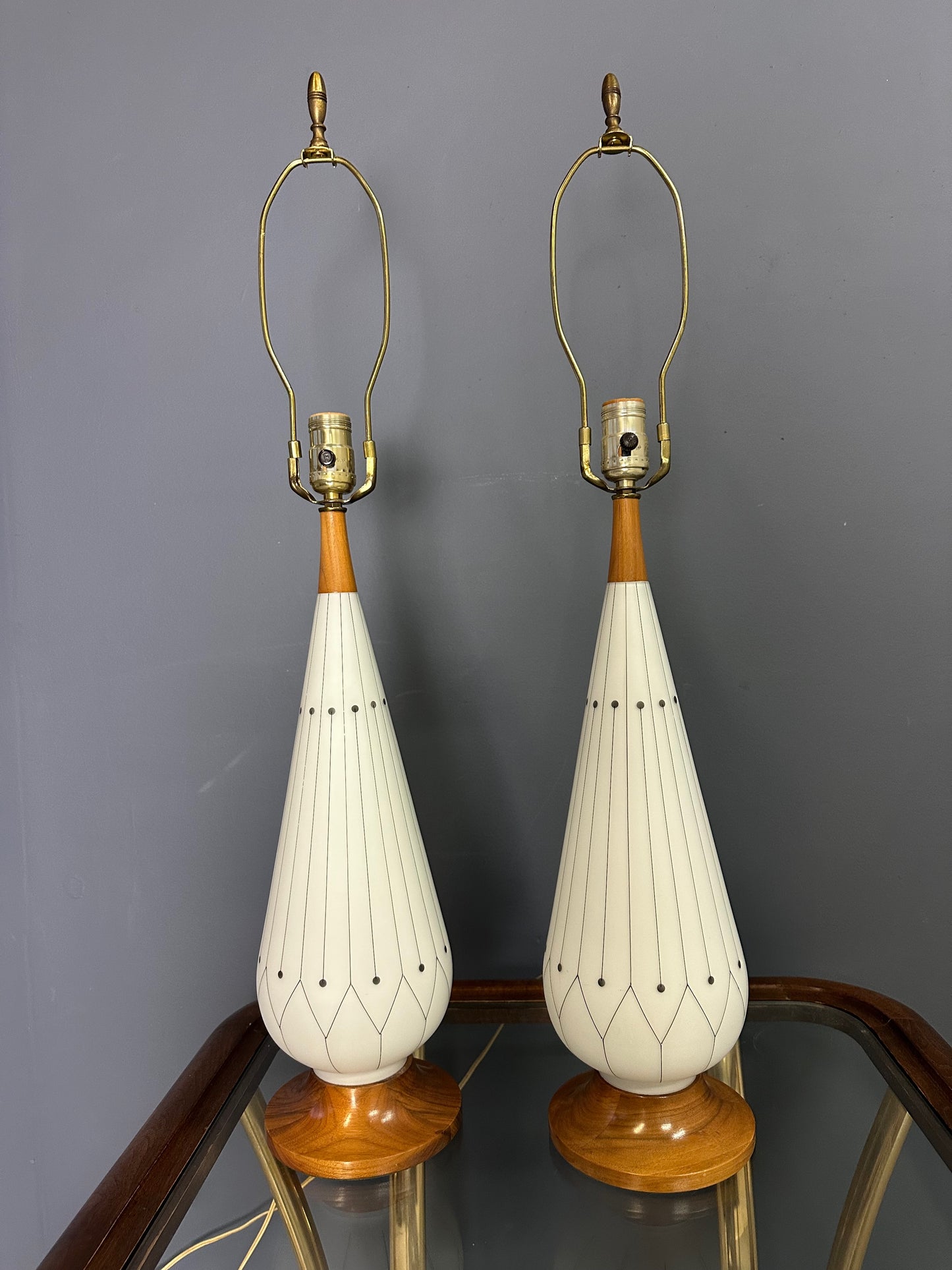SOLD – Mid-Century Danish Modern Glass & Walnut Table Lamps with a Geometric Design - Set of 2
