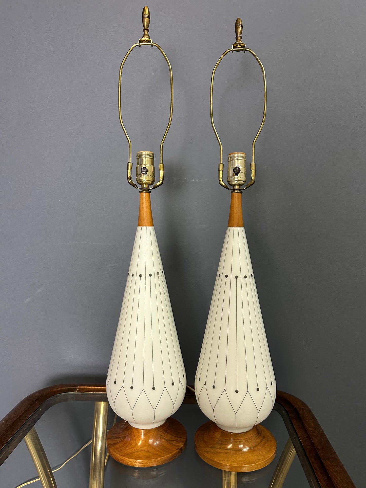 SOLD – Mid-Century Danish Modern Glass & Walnut Table Lamps with a Geometric Design - Set of 2