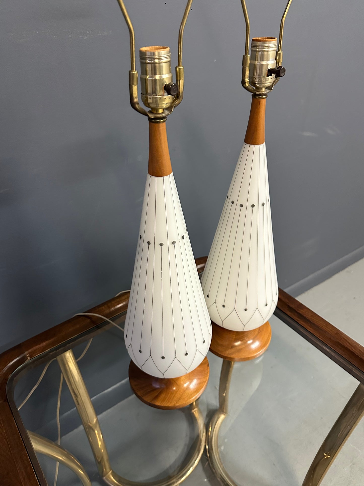 SOLD – Mid-Century Danish Modern Glass & Walnut Table Lamps with a Geometric Design - Set of 2