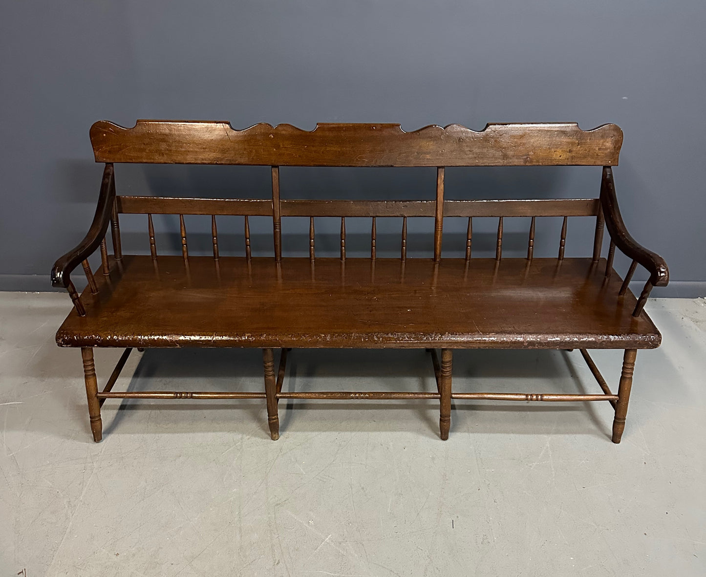 SOLD – Antique Dark Pine Rustic Spindle Back Deacon's Bench