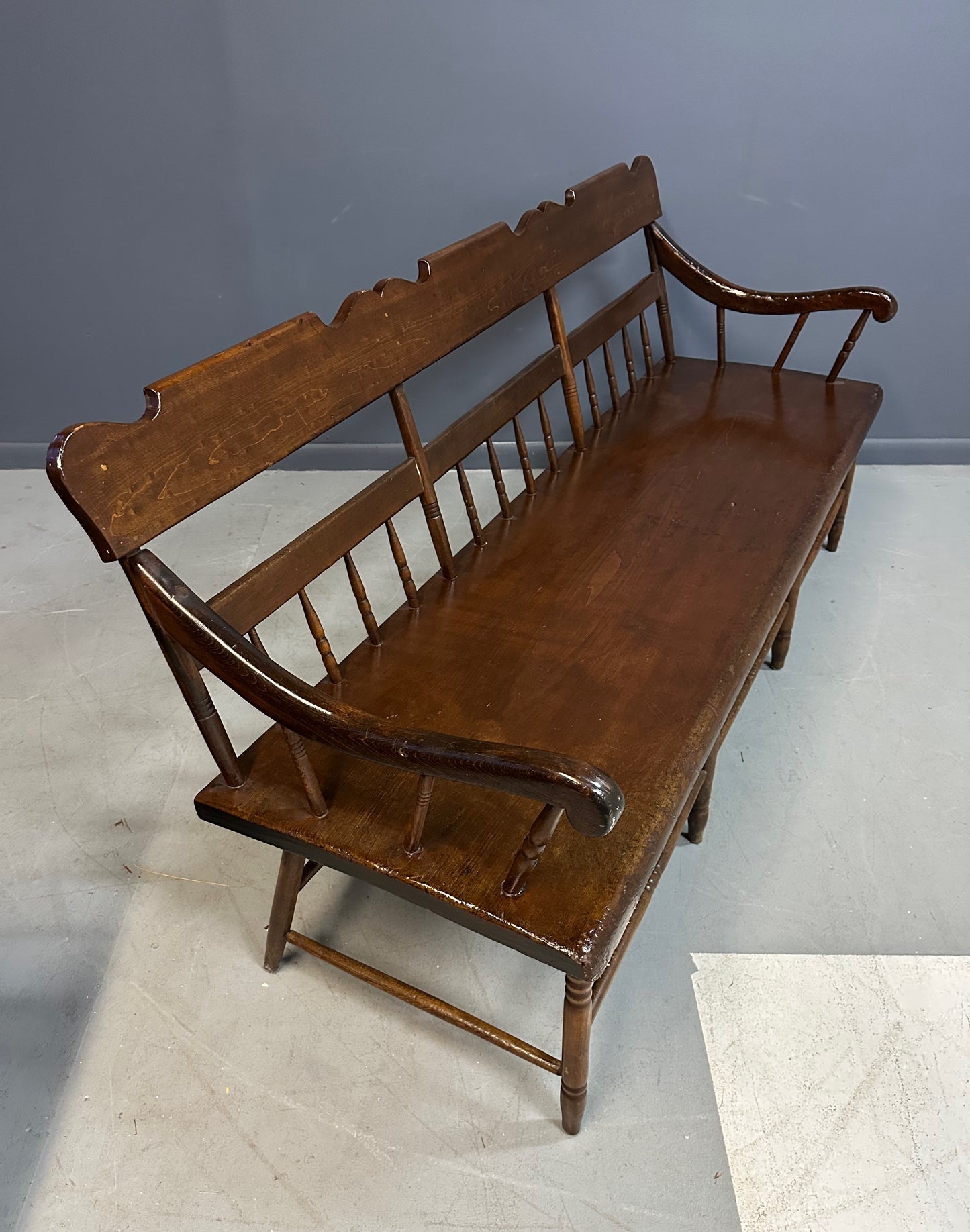 SOLD – Antique Dark Pine Rustic Spindle Back Deacon's Bench