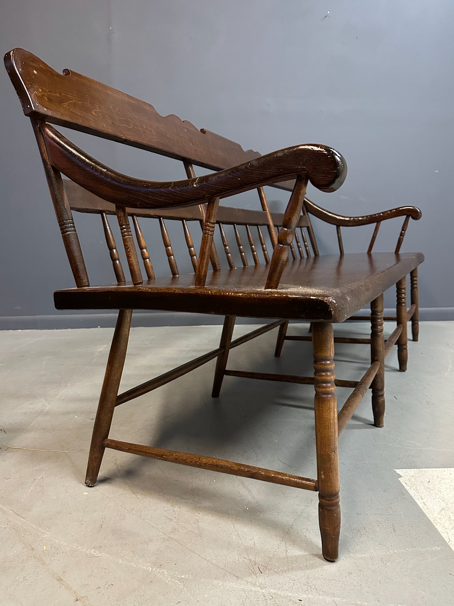 SOLD – Antique Dark Pine Rustic Spindle Back Deacon's Bench