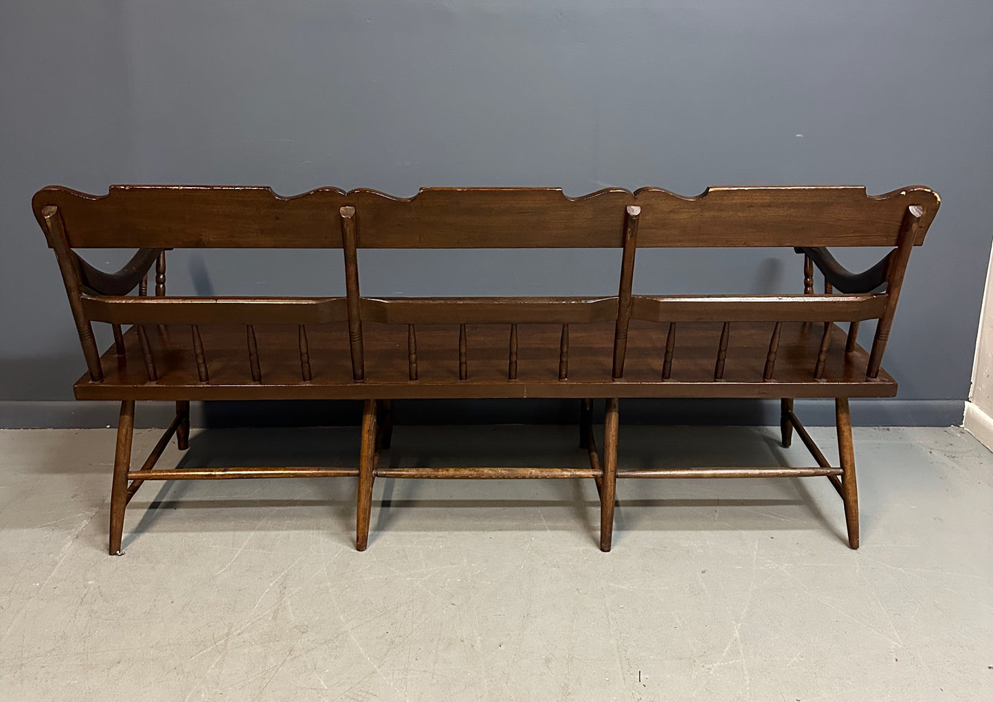 SOLD – Antique Dark Pine Rustic Spindle Back Deacon's Bench