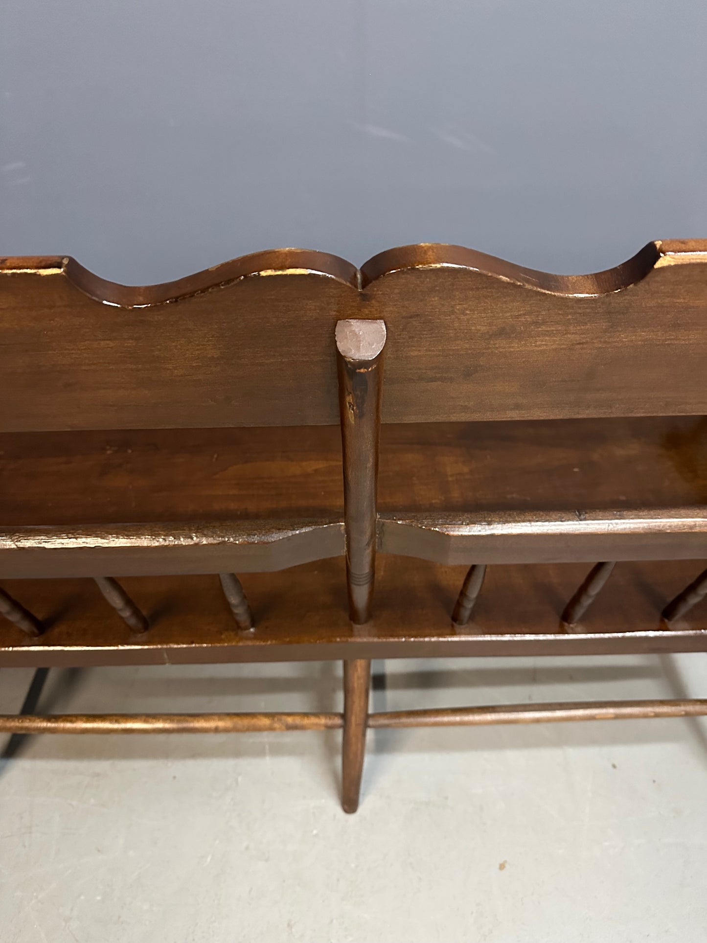 SOLD – Antique Dark Pine Rustic Spindle Back Deacon's Bench