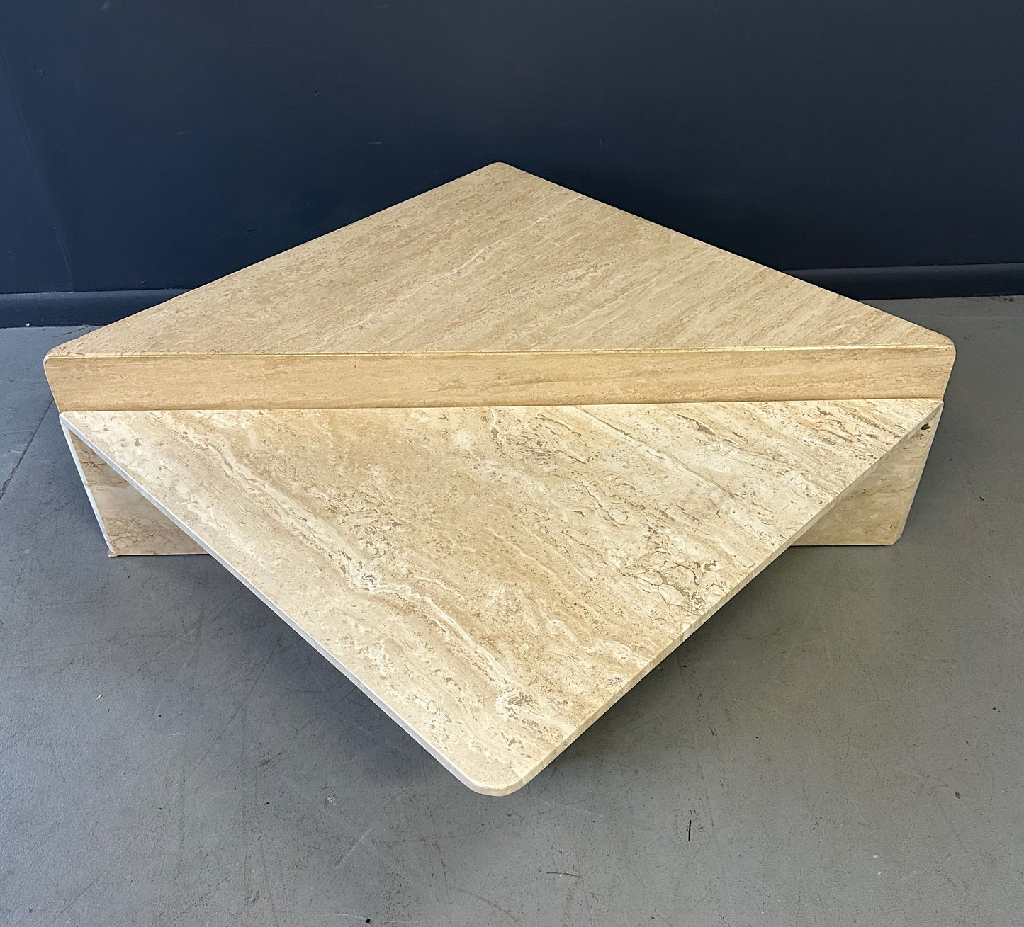 Vintage Italian postmodern travertine marble cocktail table – two-piece modular coffee table with geometric design, perfect for luxury modern interiors