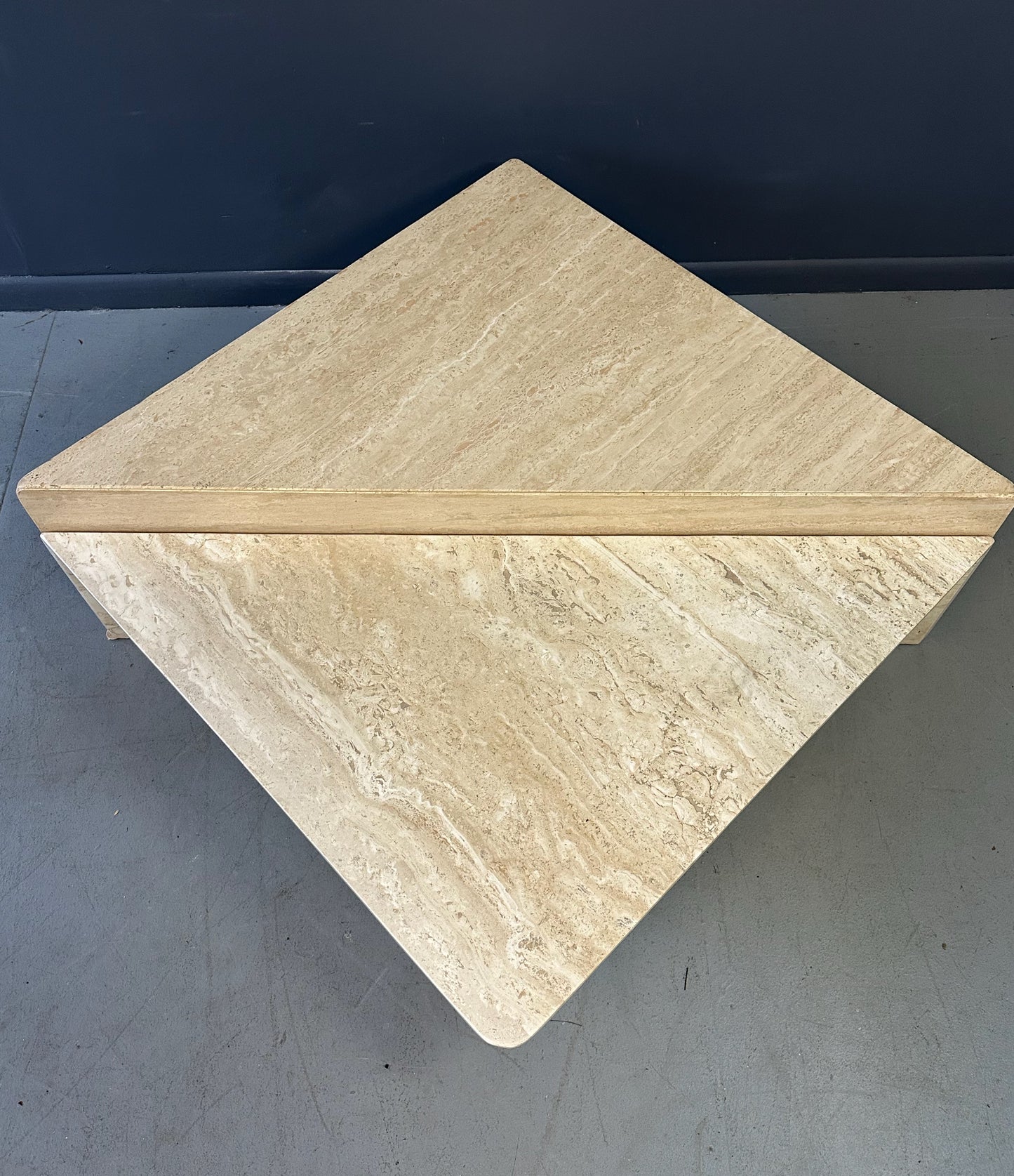 Vintage Italian postmodern travertine marble cocktail table – two-piece modular coffee table with geometric design, perfect for luxury modern interiors