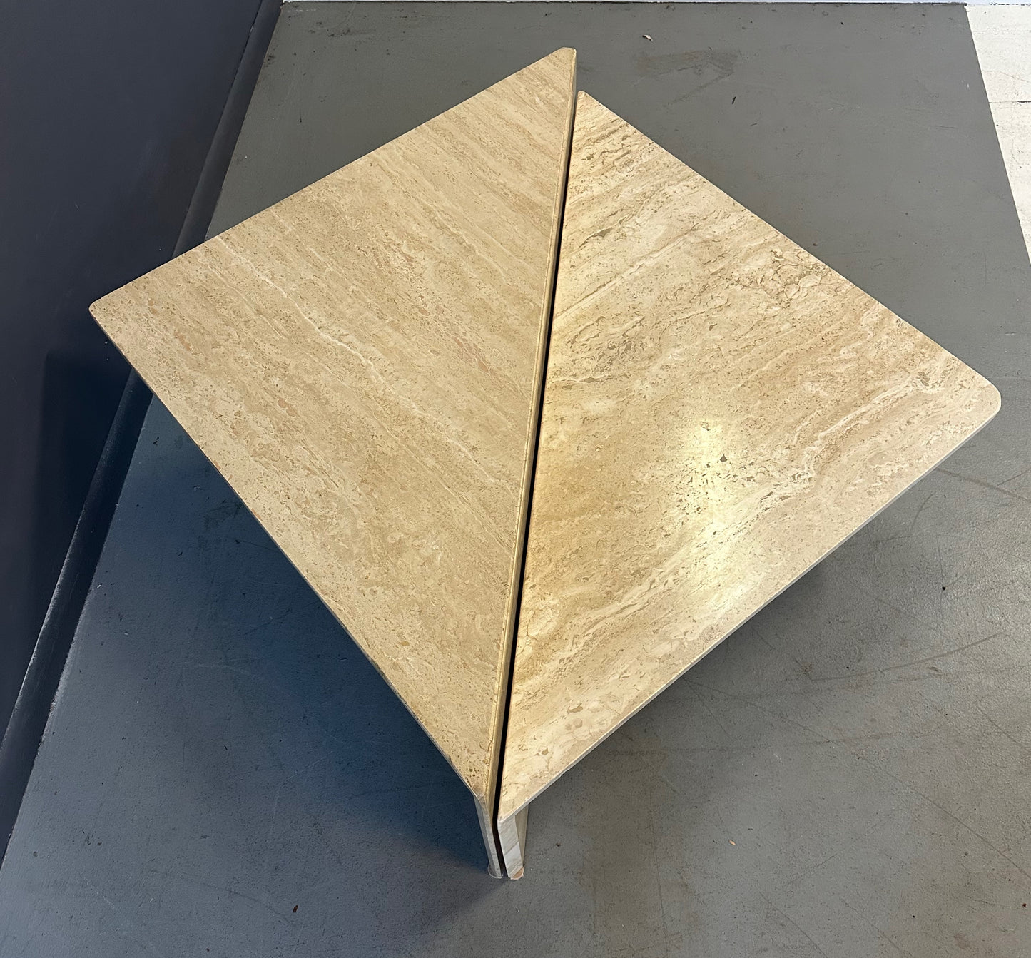Vintage Italian postmodern travertine marble cocktail table – two-piece modular coffee table with geometric design, perfect for luxury modern interiors