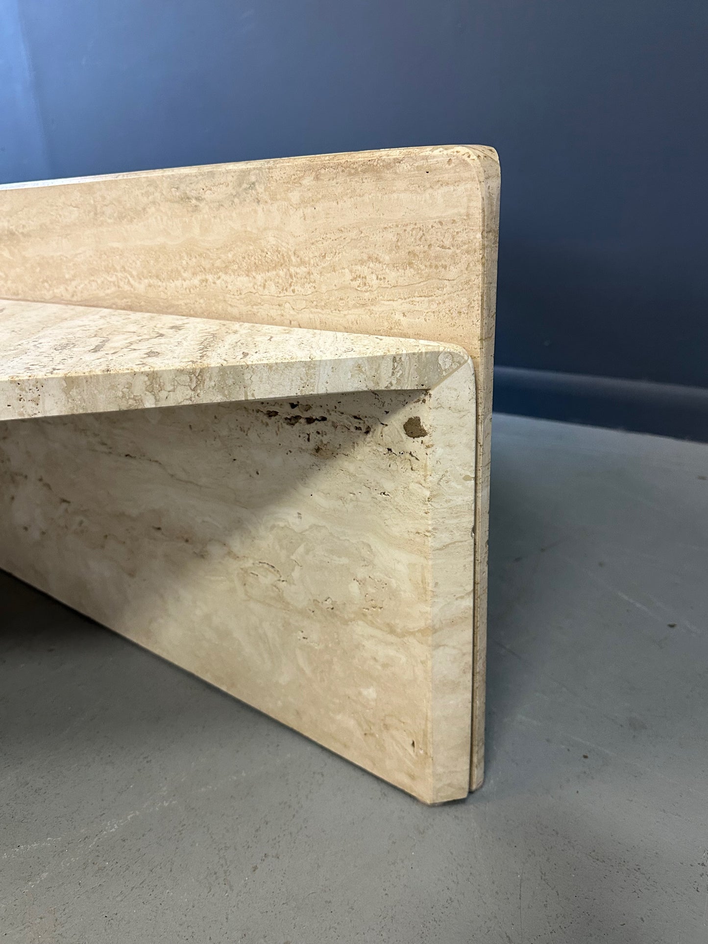Vintage Italian postmodern travertine marble cocktail table – two-piece modular coffee table with geometric design, perfect for luxury modern interiors