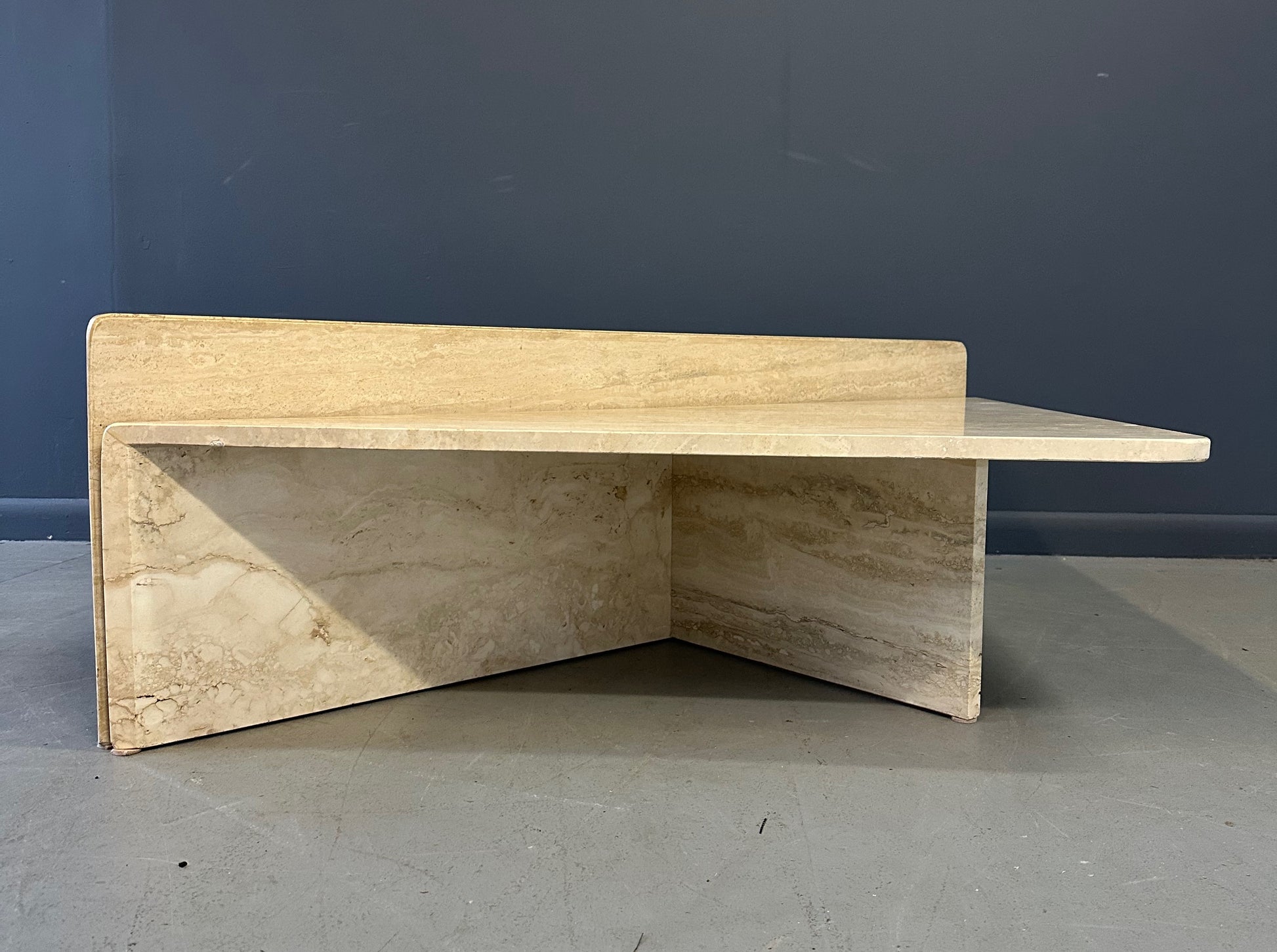 Vintage Italian postmodern travertine marble cocktail table – two-piece modular coffee table with geometric design, perfect for luxury modern interiors