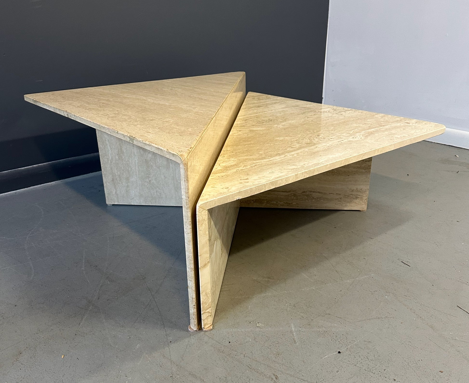 Vintage Italian postmodern travertine marble cocktail table – two-piece modular coffee table with geometric design, perfect for luxury modern interiors