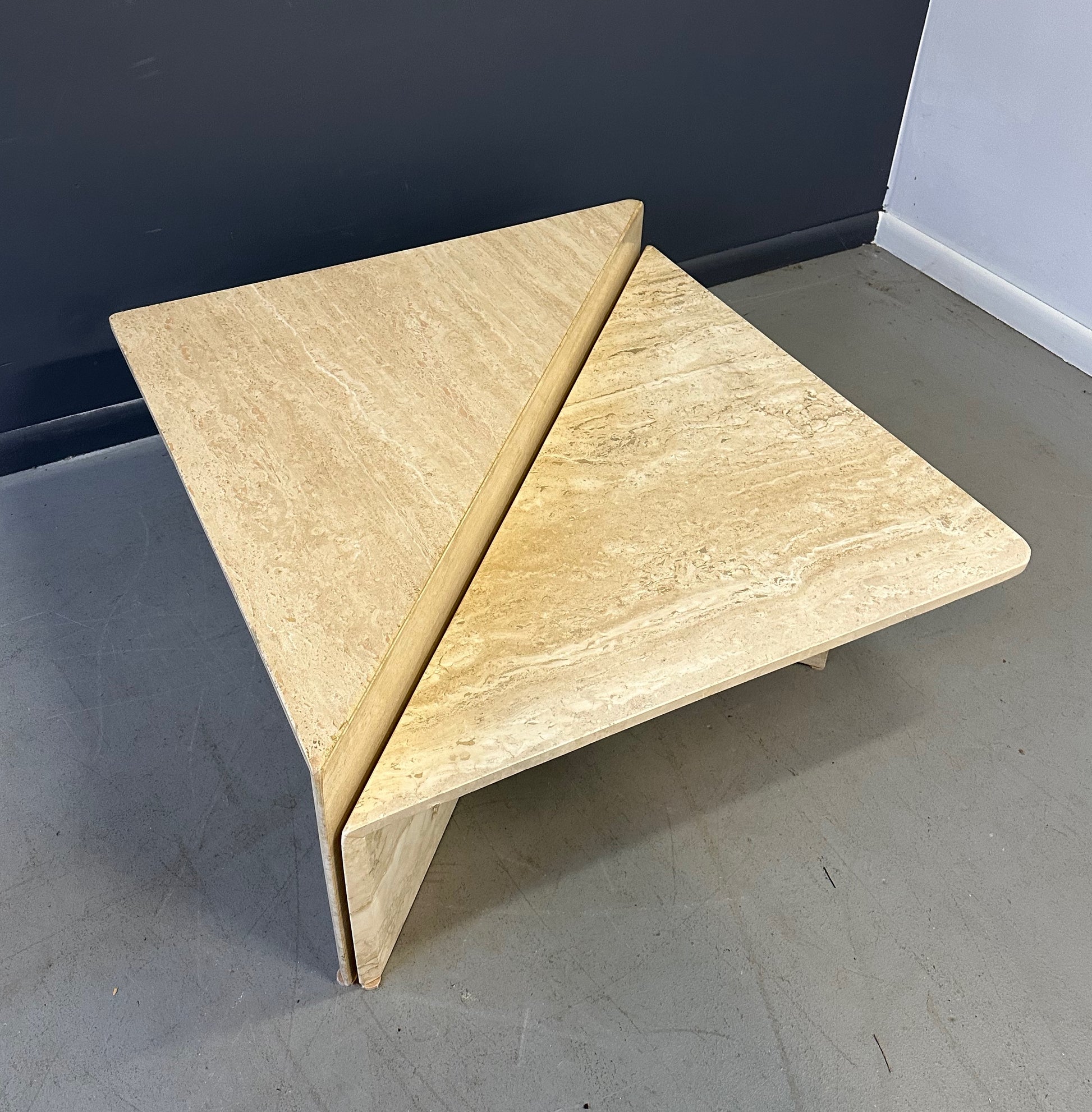 vintage Italian postmodern travertine marble cocktail table – two-piece modular coffee table with geometric design, perfect for luxury modern interiors