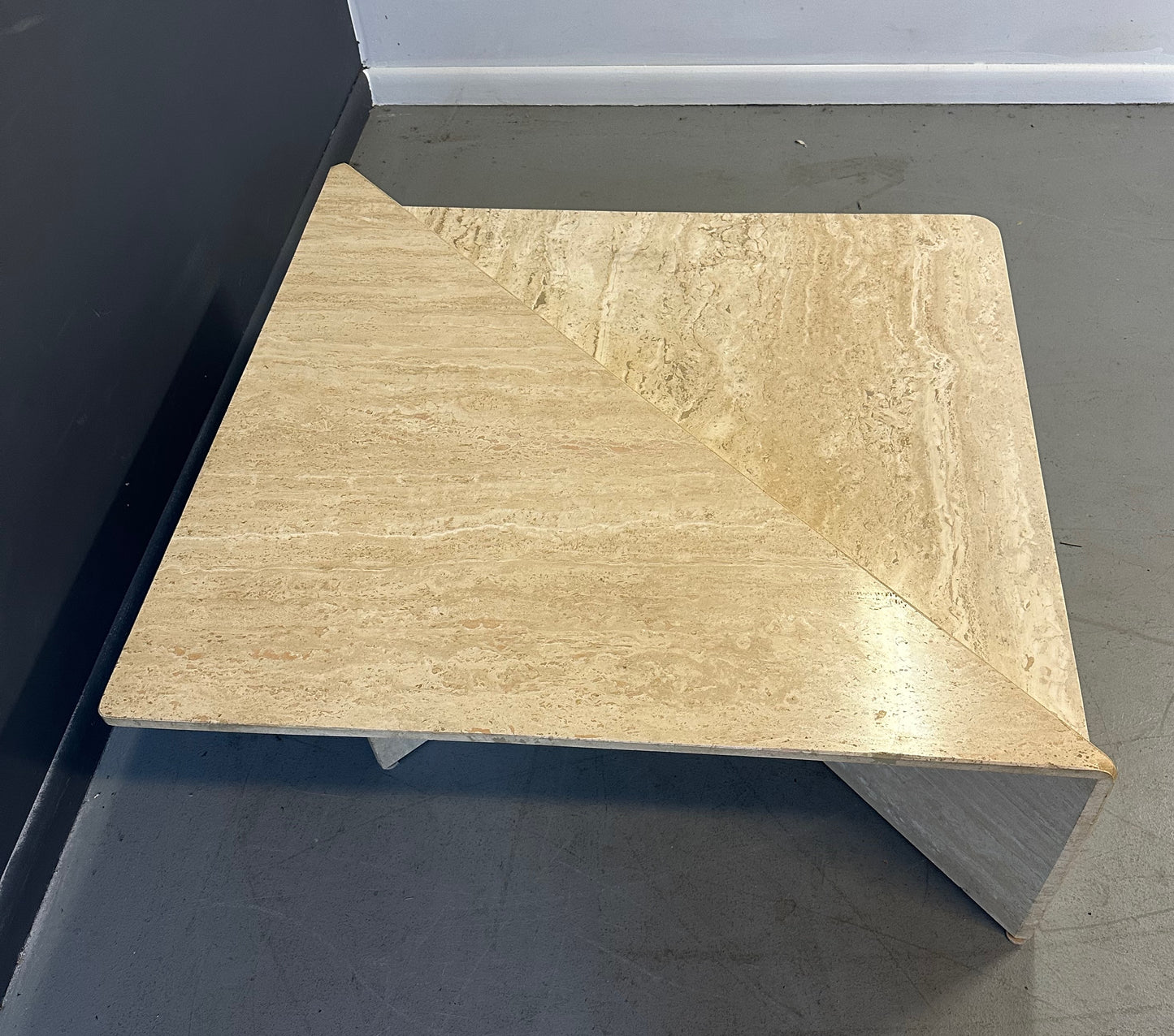 Vintage Italian postmodern travertine marble cocktail table – two-piece modular coffee table with geometric design, perfect for luxury modern interiors