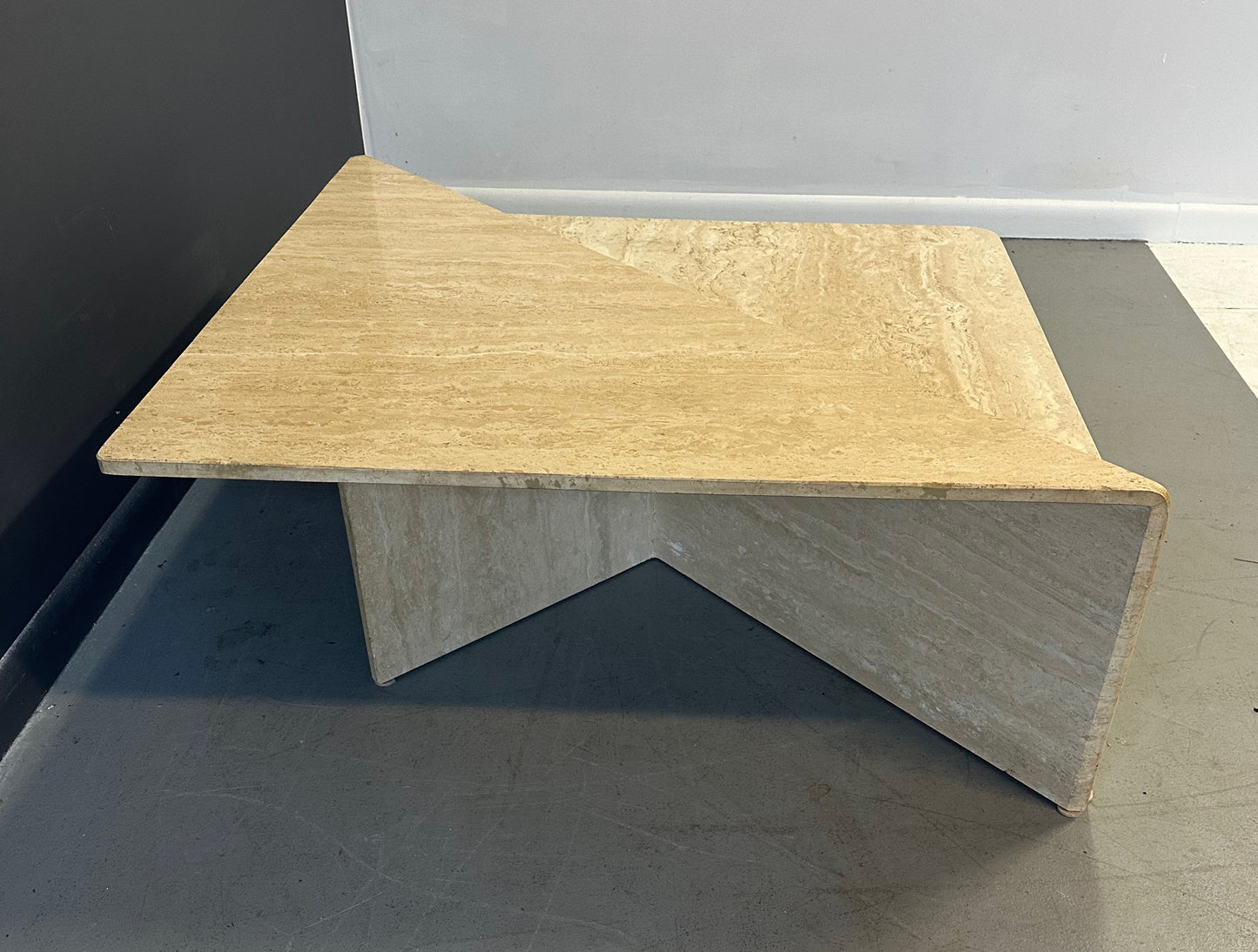 Vintage Italian postmodern travertine marble cocktail table – two-piece modular coffee table with geometric design, perfect for luxury modern interiors