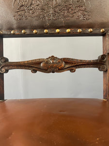 Impressive English 18th Century Oak Carved Armchair With Tooled Leather