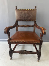 Load image into Gallery viewer, Impressive English 18th Century Oak Carved Armchair With Tooled Leather