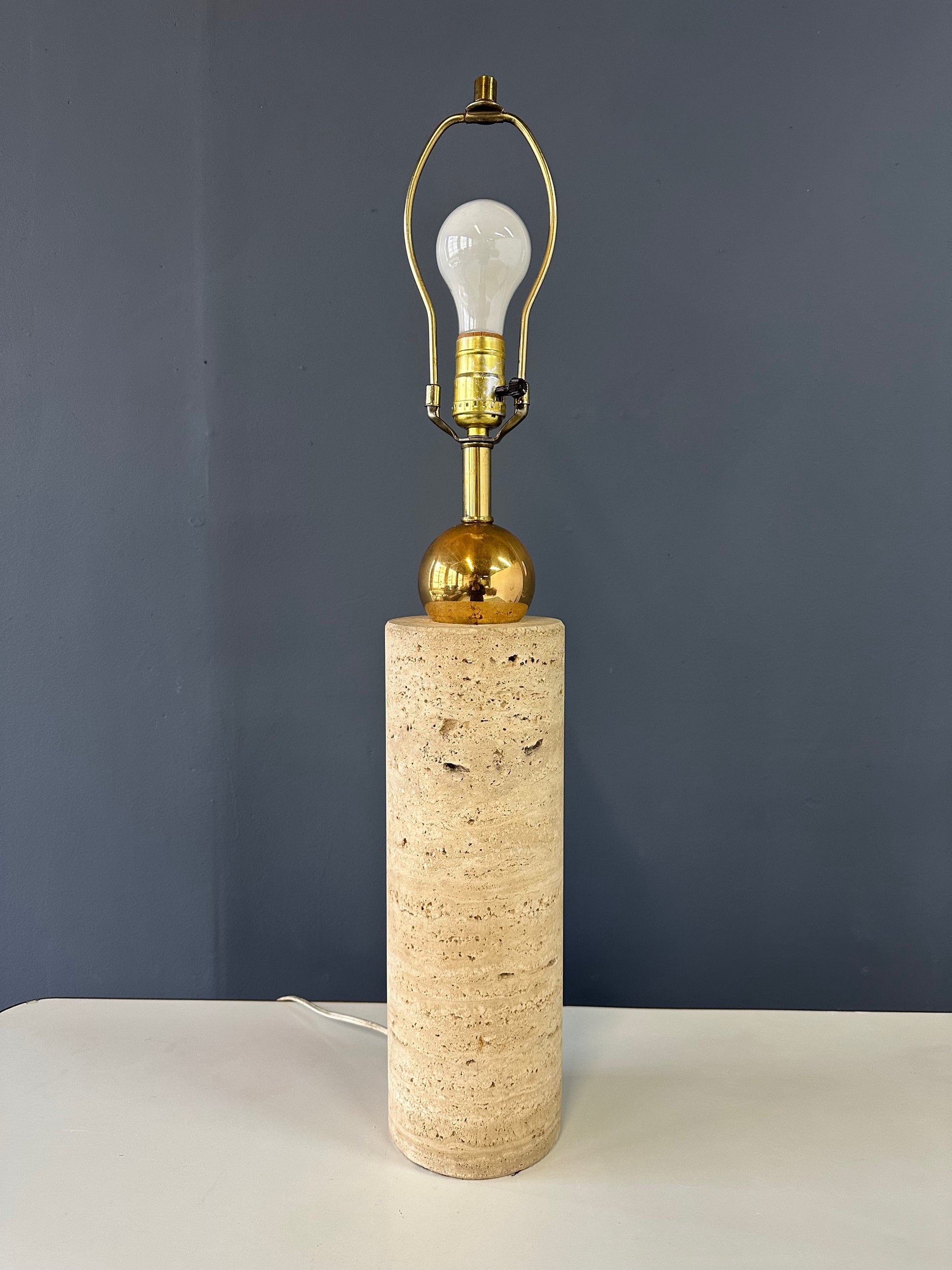1960s Italian Travertine and Brass Table Lamp – Mid-Century Modern Cylindrical Design, Vintage Sculptural Lighting, Elegant MCM Accent Lamp