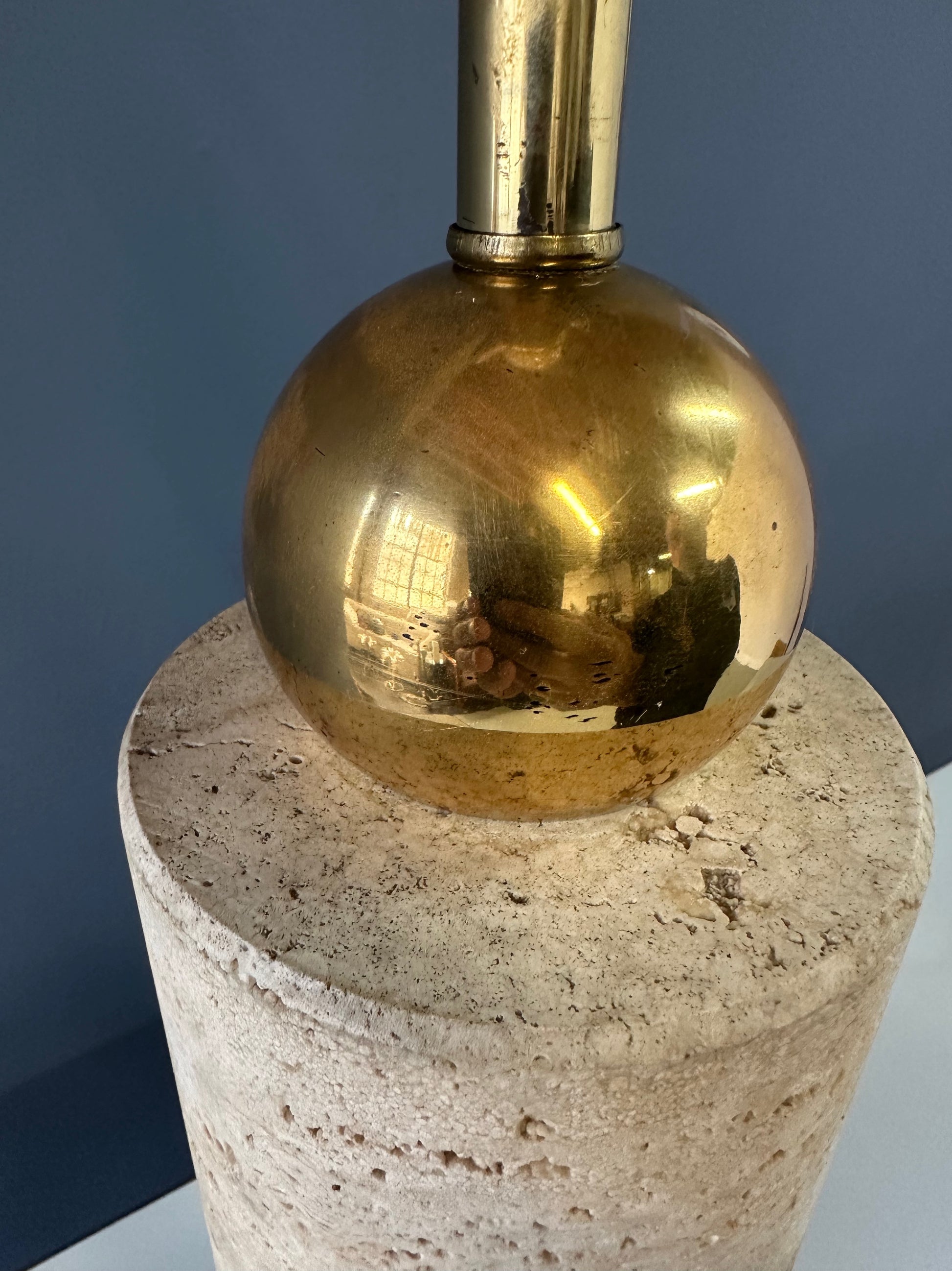 1960s Italian Travertine and Brass Table Lamp – Mid-Century Modern Cylindrical Design, Vintage Sculptural Lighting, Elegant MCM Accent Lamp
