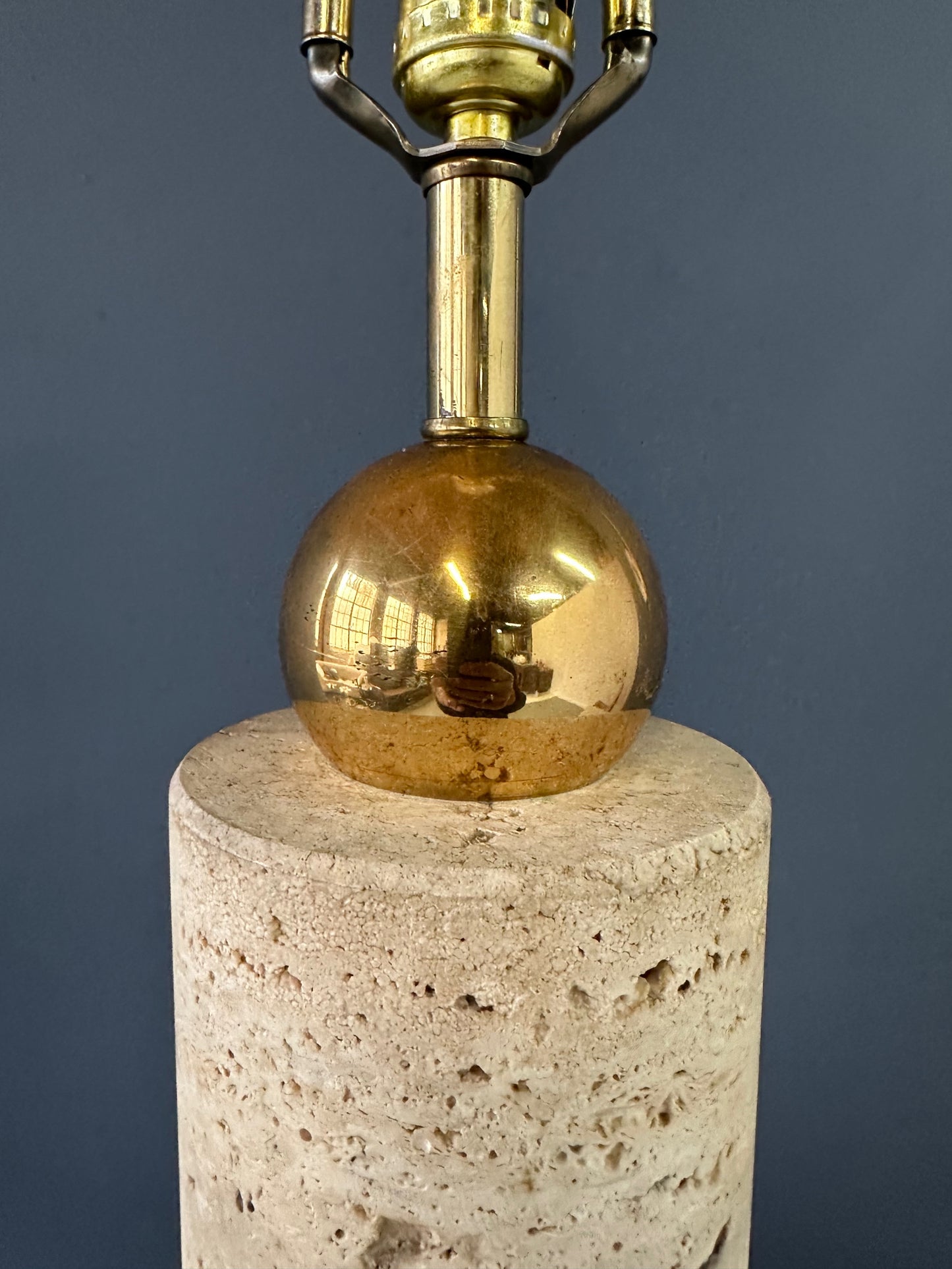 1960s Italian Travertine and Brass Table Lamp – Mid-Century Modern Cylindrical Design, Vintage Sculptural Lighting, Elegant MCM Accent Lamp