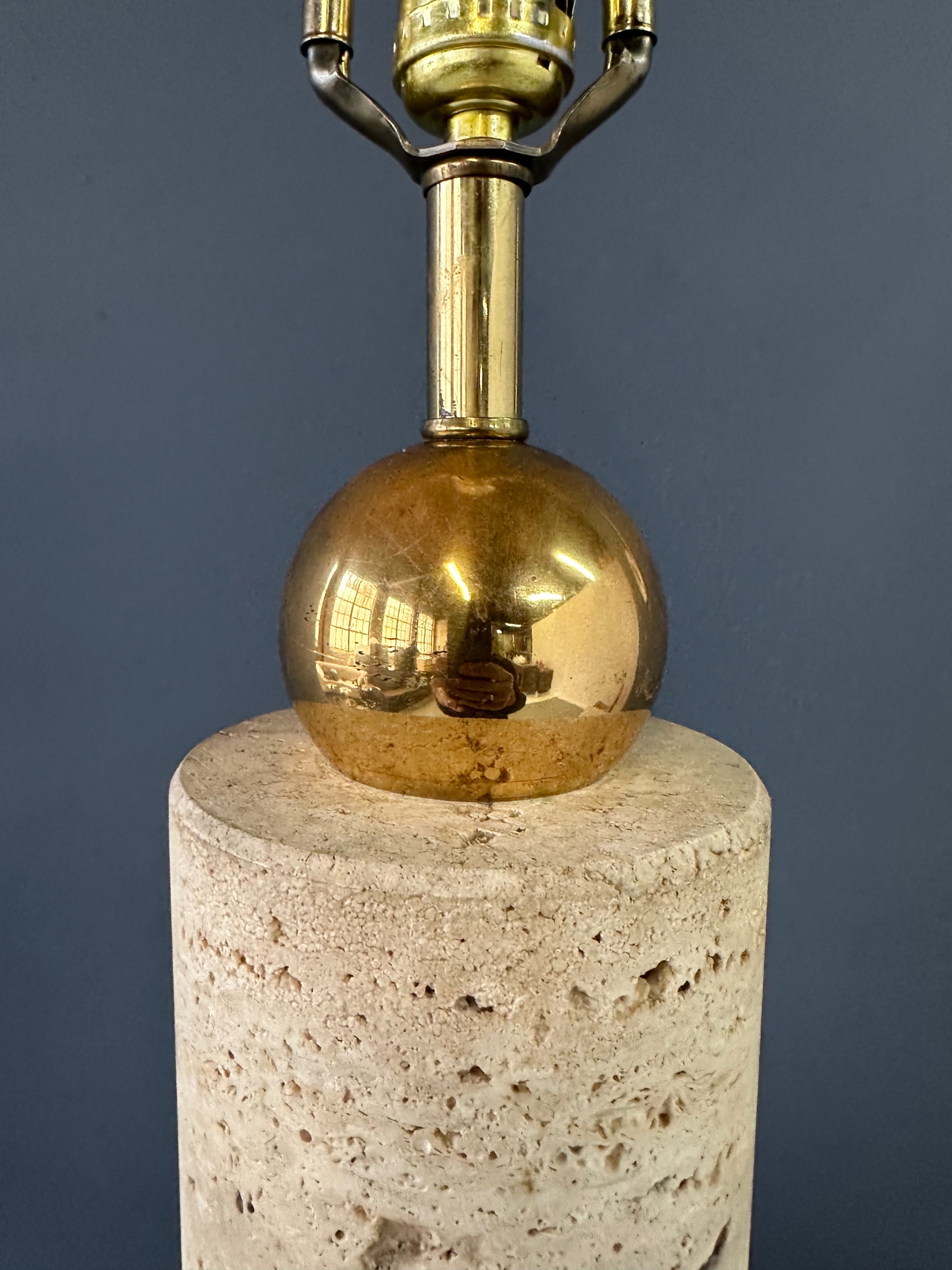 1960s Italian Travertine and Brass Table Lamp – Mid-Century Modern Cylindrical Design, Vintage Sculptural Lighting, Elegant MCM Accent Lamp