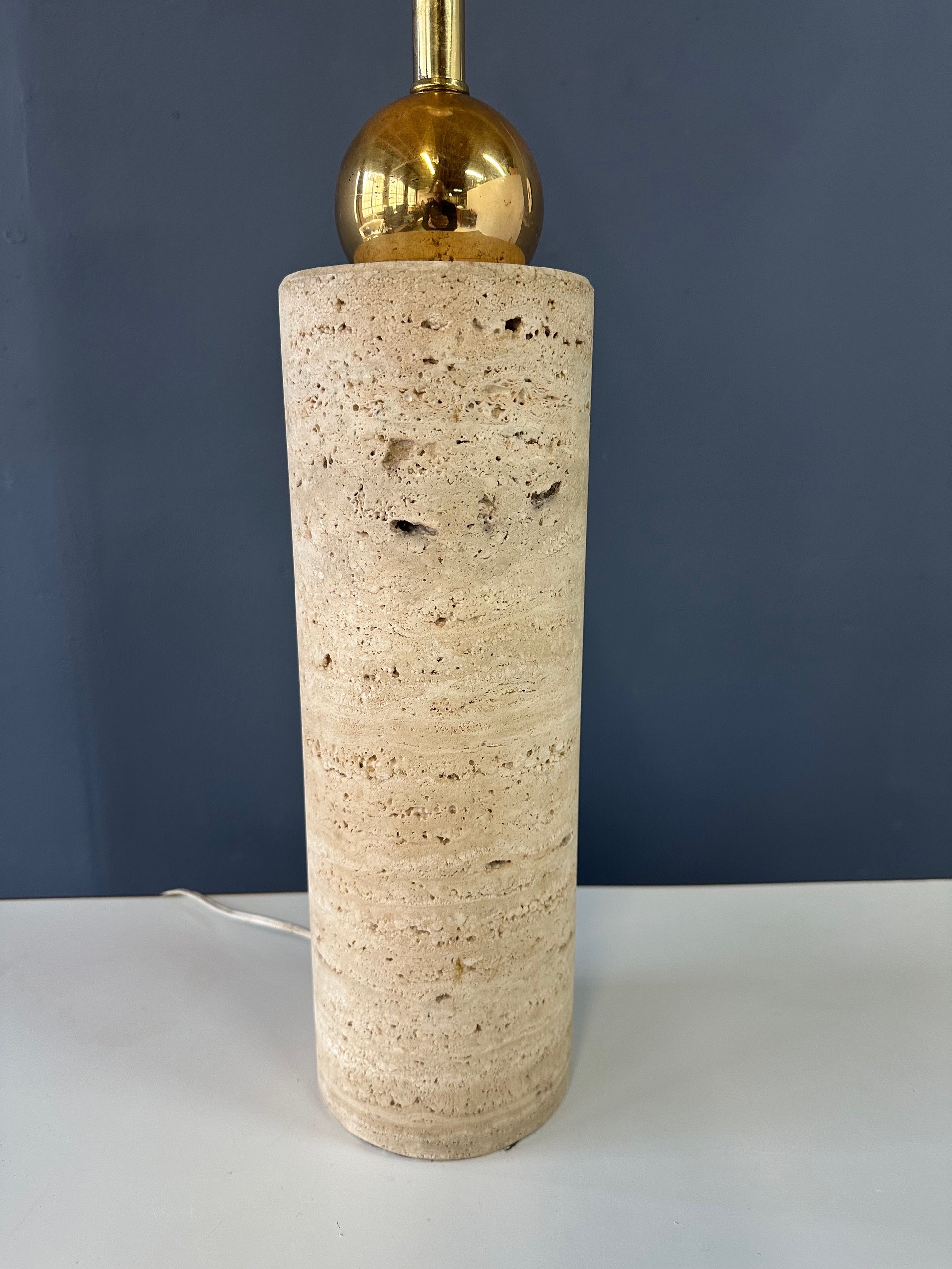 1960s Italian Travertine and Brass Table Lamp – Mid-Century Modern Cylindrical Design, Vintage Sculptural Lighting, Elegant MCM Accent Lamp
