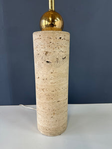 Italian 1960s Travertine and Brass Cylindrical Table Lamp