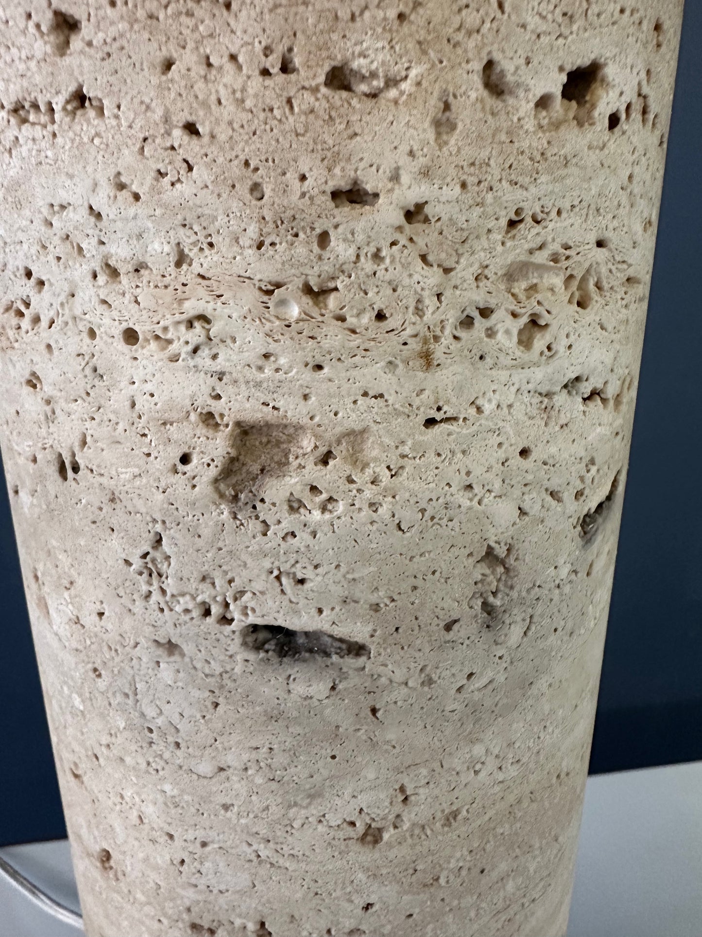 1960s Italian Travertine and Brass Table Lamp – Mid-Century Modern Cylindrical Design, Vintage Sculptural Lighting, Elegant MCM Accent Lamp