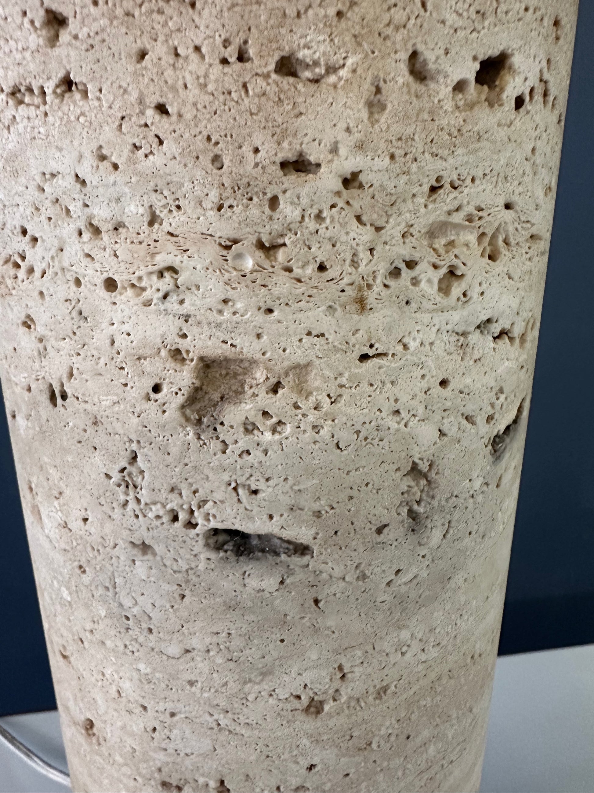 1960s Italian Travertine and Brass Table Lamp – Mid-Century Modern Cylindrical Design, Vintage Sculptural Lighting, Elegant MCM Accent Lamp