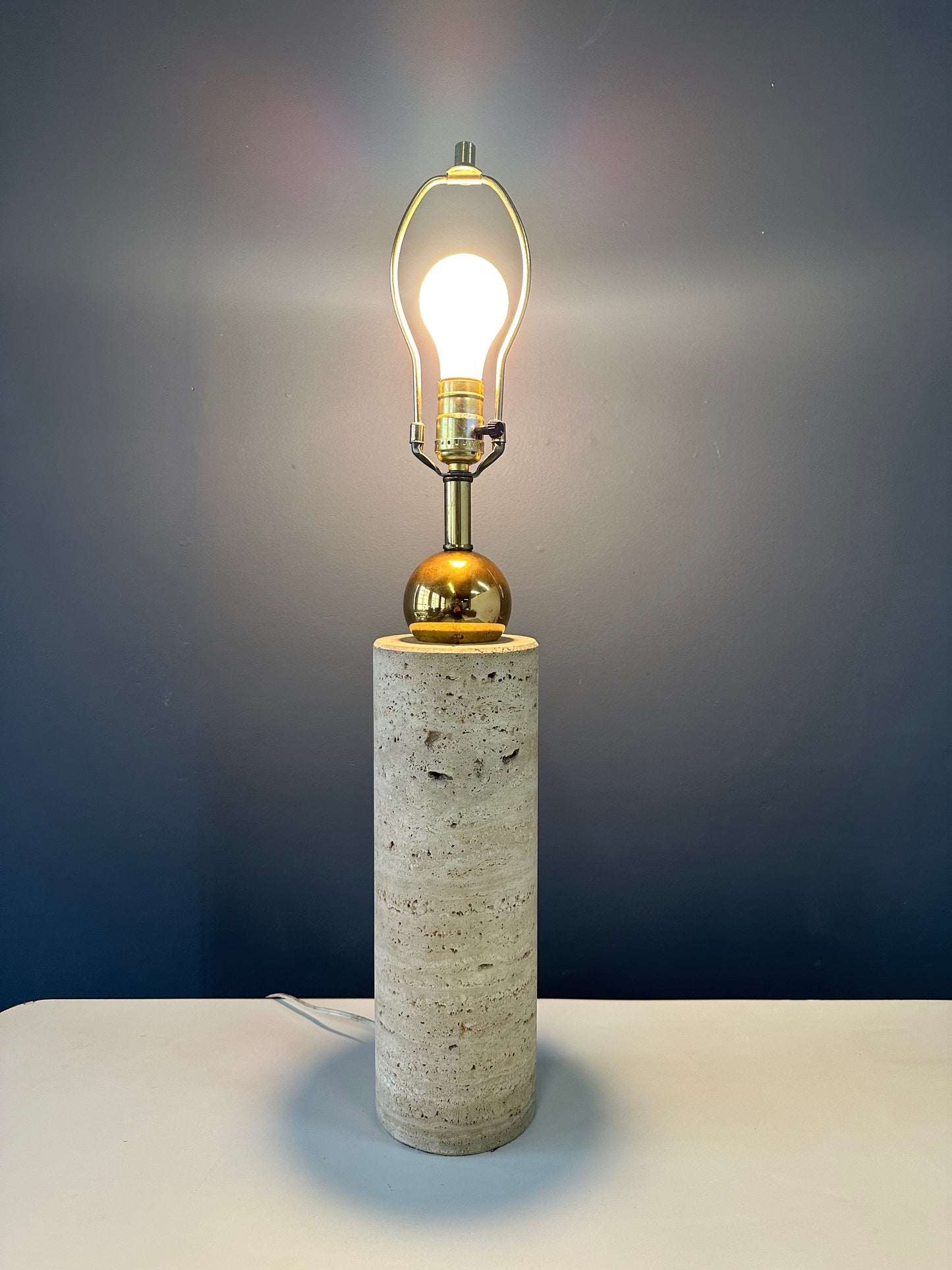 1960s Italian Travertine and Brass Table Lamp – Mid-Century Modern Cylindrical Design, Vintage Sculptural Lighting, Elegant MCM Accent Lamp