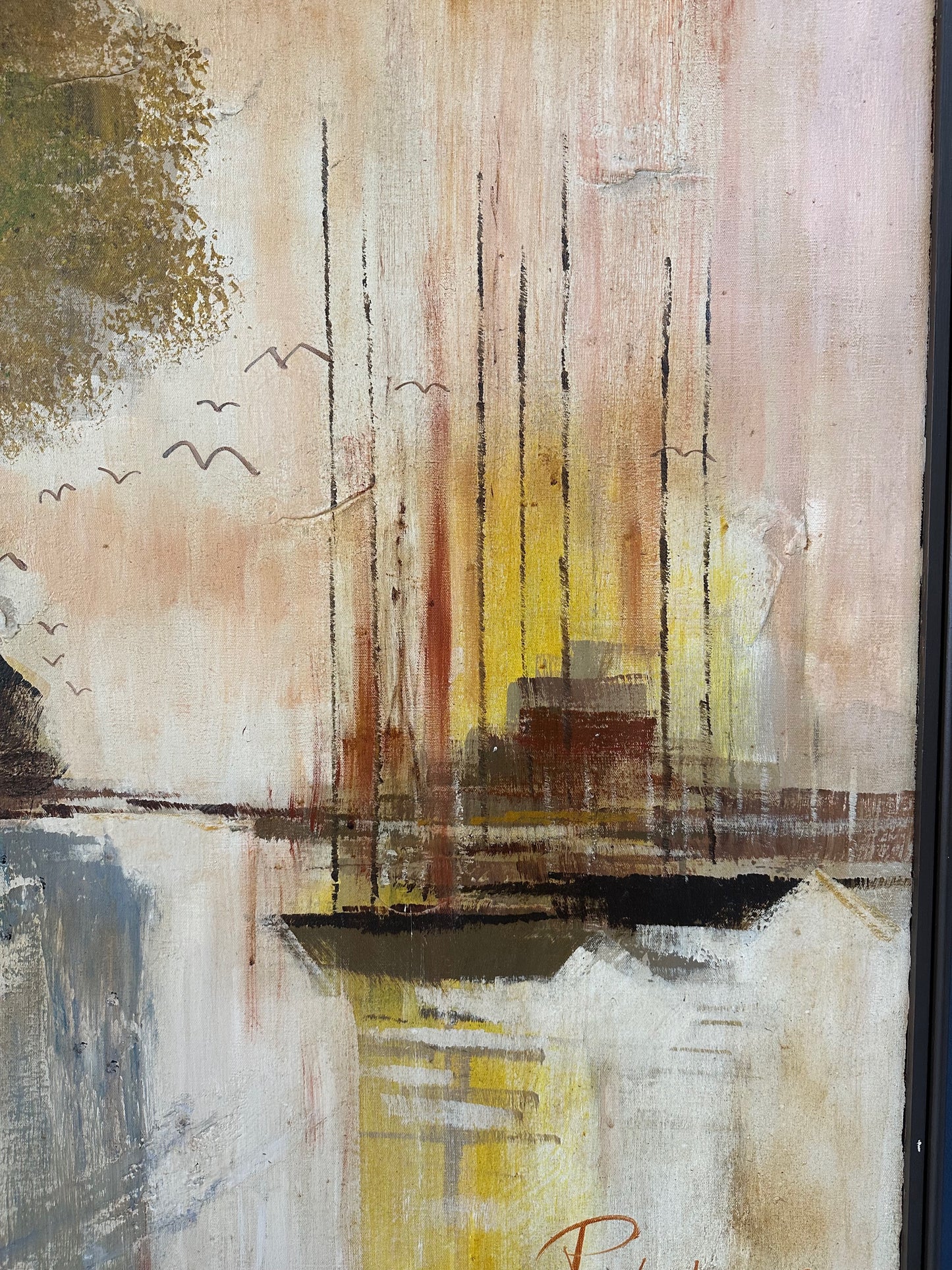 1970s landscape painting by Lee Reynolds featuring abstractly rendered trees, boats with tall masts, water reflections, and distant buildings in warm tones of yellow, orange, and brown