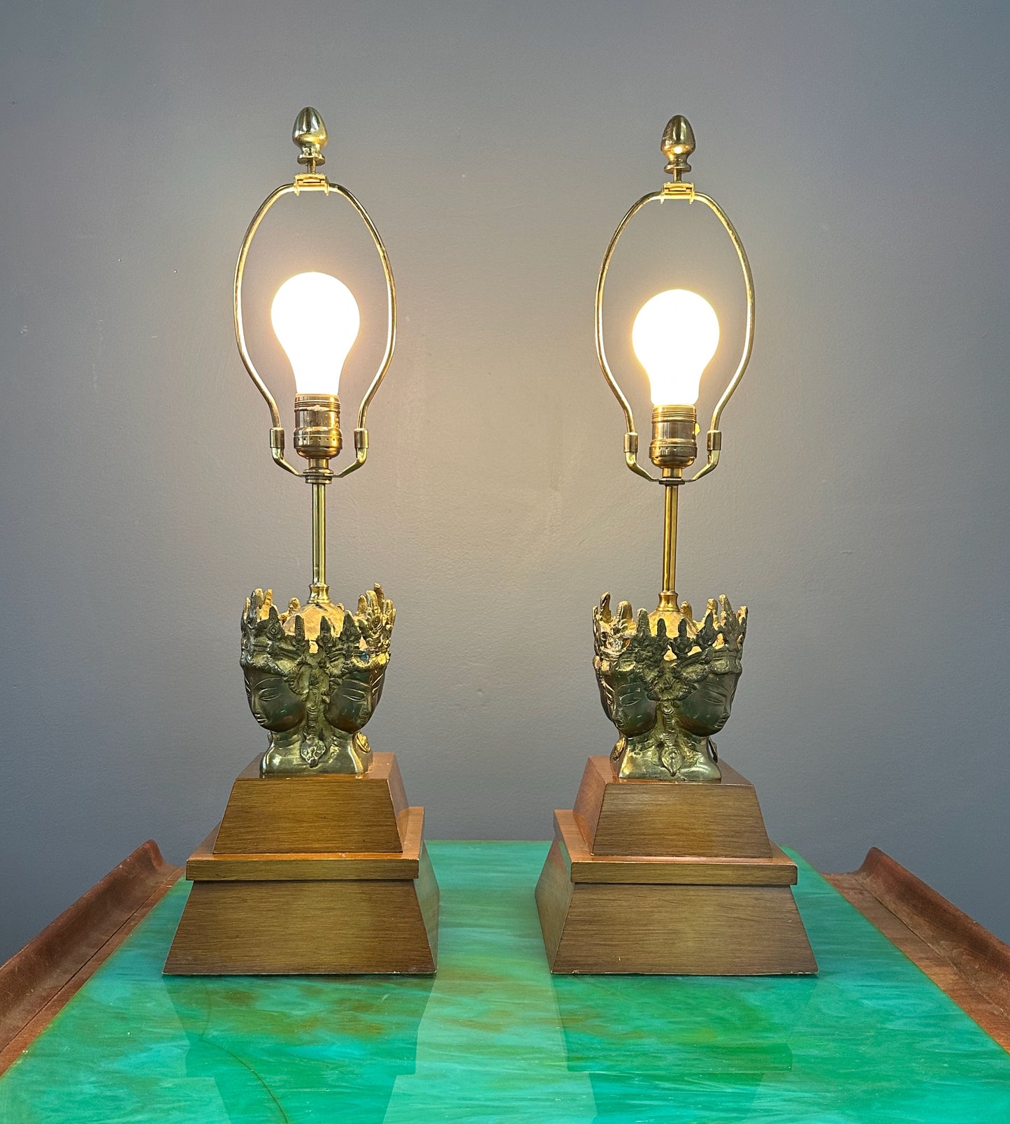 Pair of Mid-Century Marbro Brass and Mahogany Table Lamps with Asian Influenced Design
