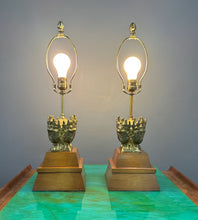 Load image into Gallery viewer, Pair of Marbro Asian influenced Brass and Mahogany Table Lamps