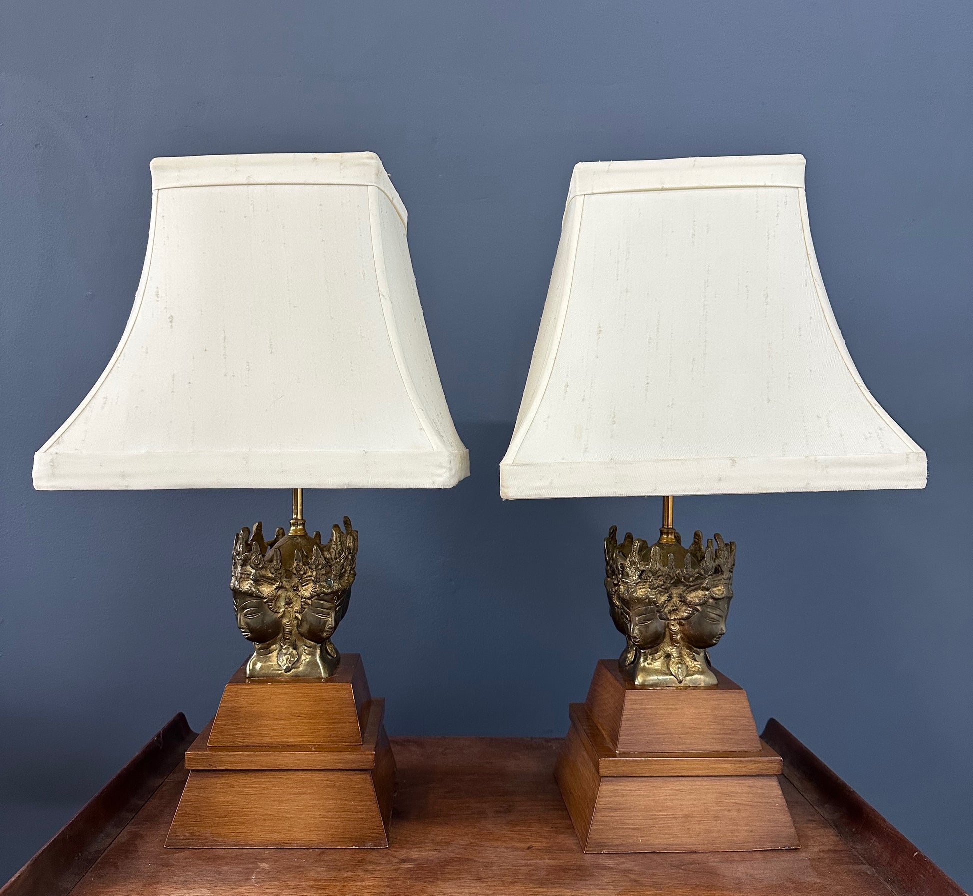 Pair of Mid-Century Marbro Brass and Mahogany Table Lamps with Asian Influenced Design
