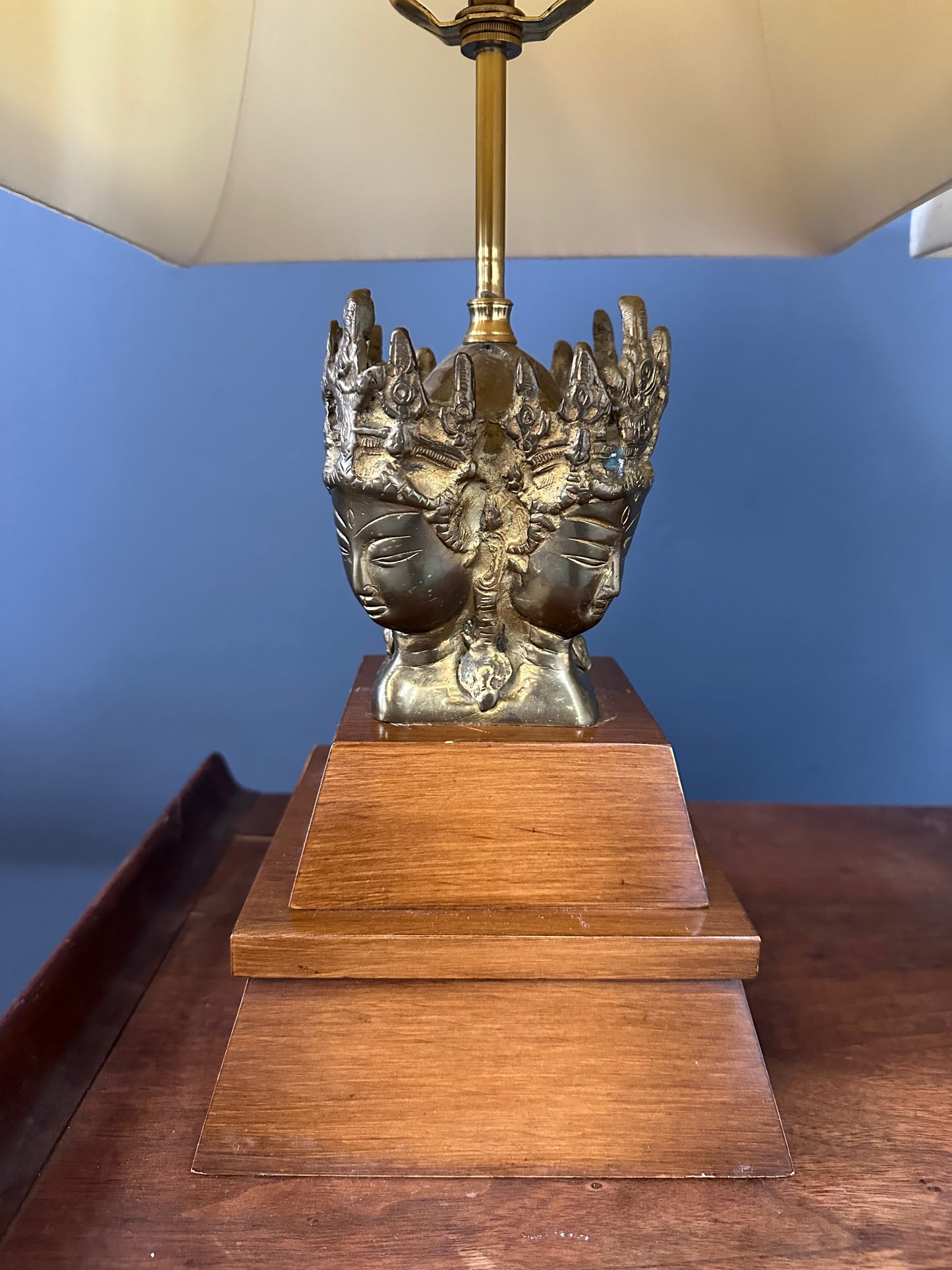 Pair of Mid-Century Marbro Brass and Mahogany Table Lamps with Asian Influenced Design
