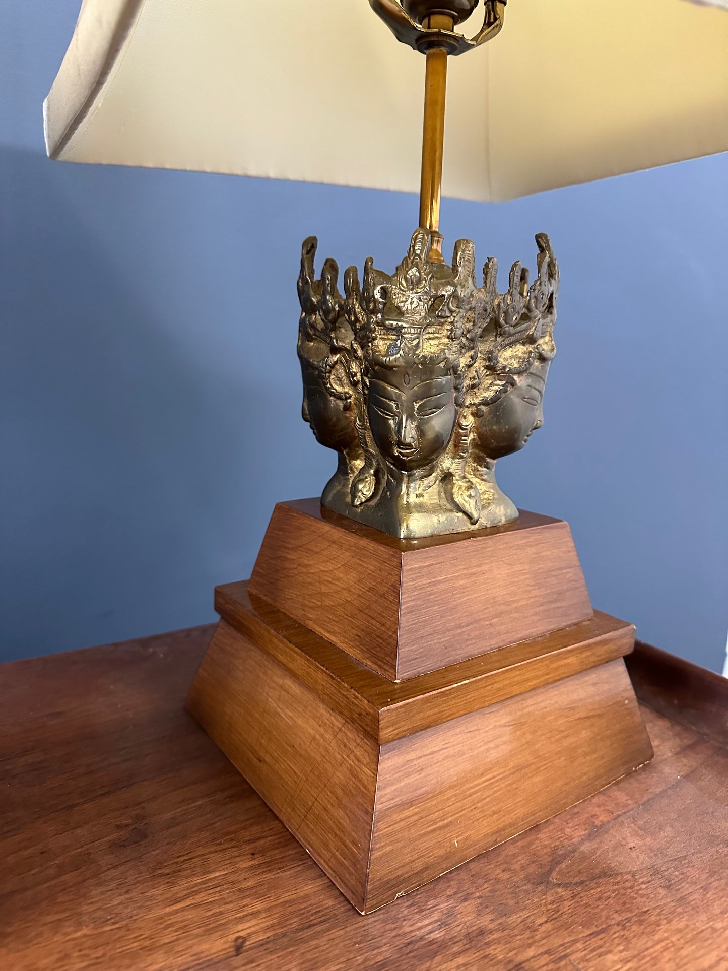 Pair of Mid-Century Marbro Brass and Mahogany Table Lamps with Asian Influenced Design
