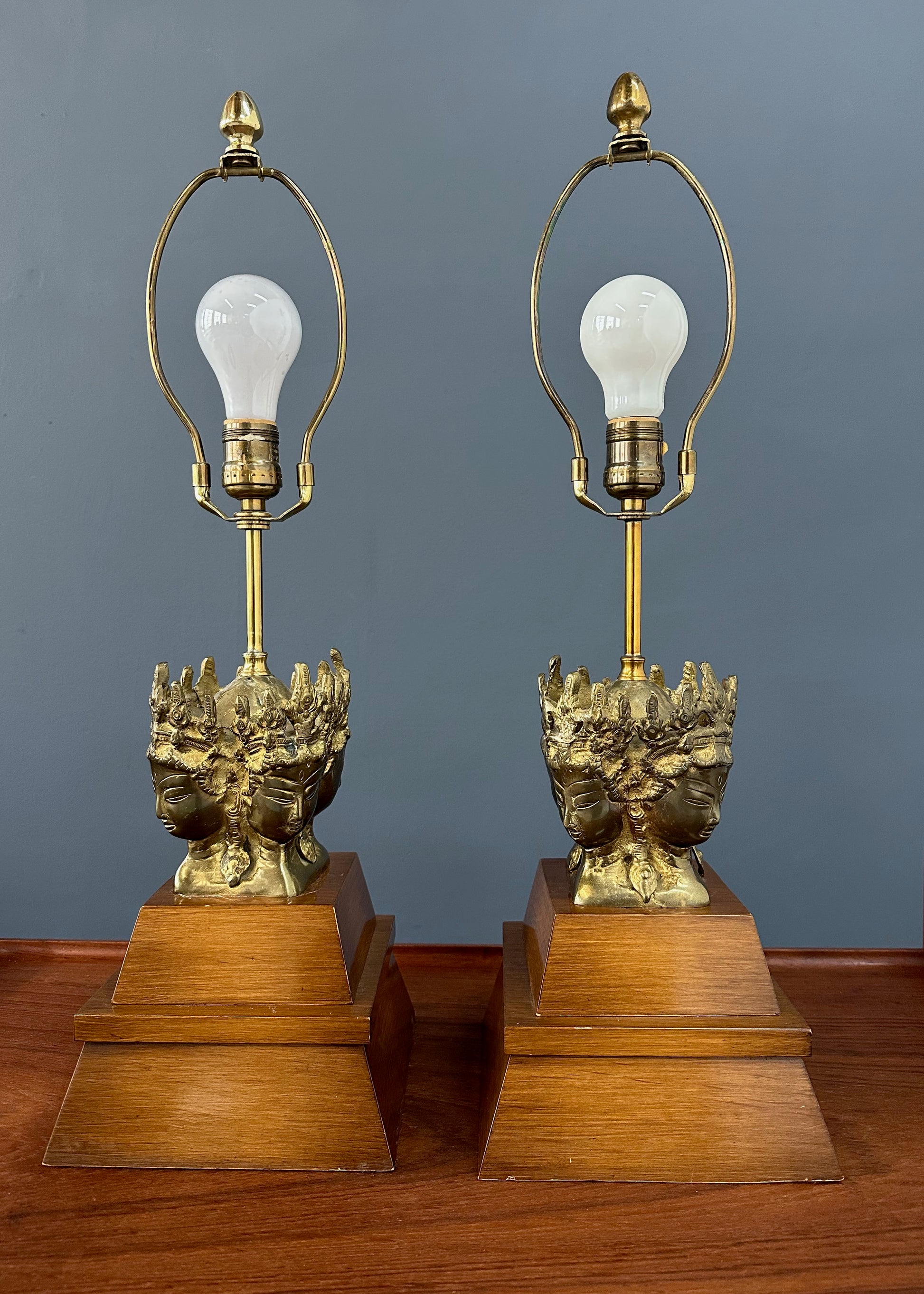 Pair of Mid-Century Marbro Brass and Mahogany Table Lamps with Asian Influenced Design
