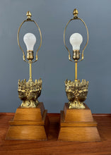 Load image into Gallery viewer, Pair of Marbro Asian influenced Brass and Mahogany Table Lamps