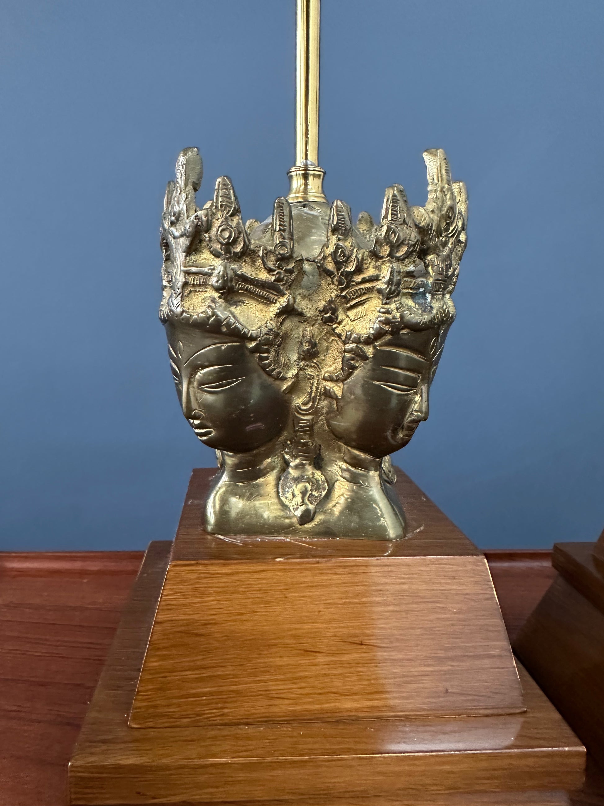 Pair of Mid-Century Marbro Brass and Mahogany Table Lamps with Asian Influenced Design
